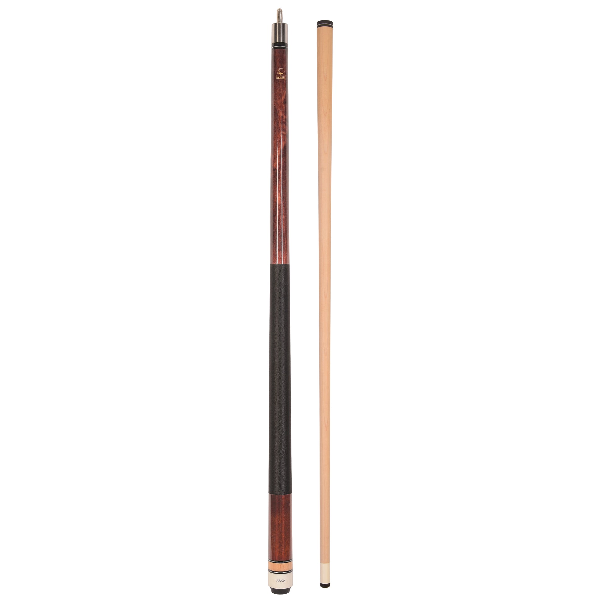 Full view of a pool cue stick and its separate shaft on a white