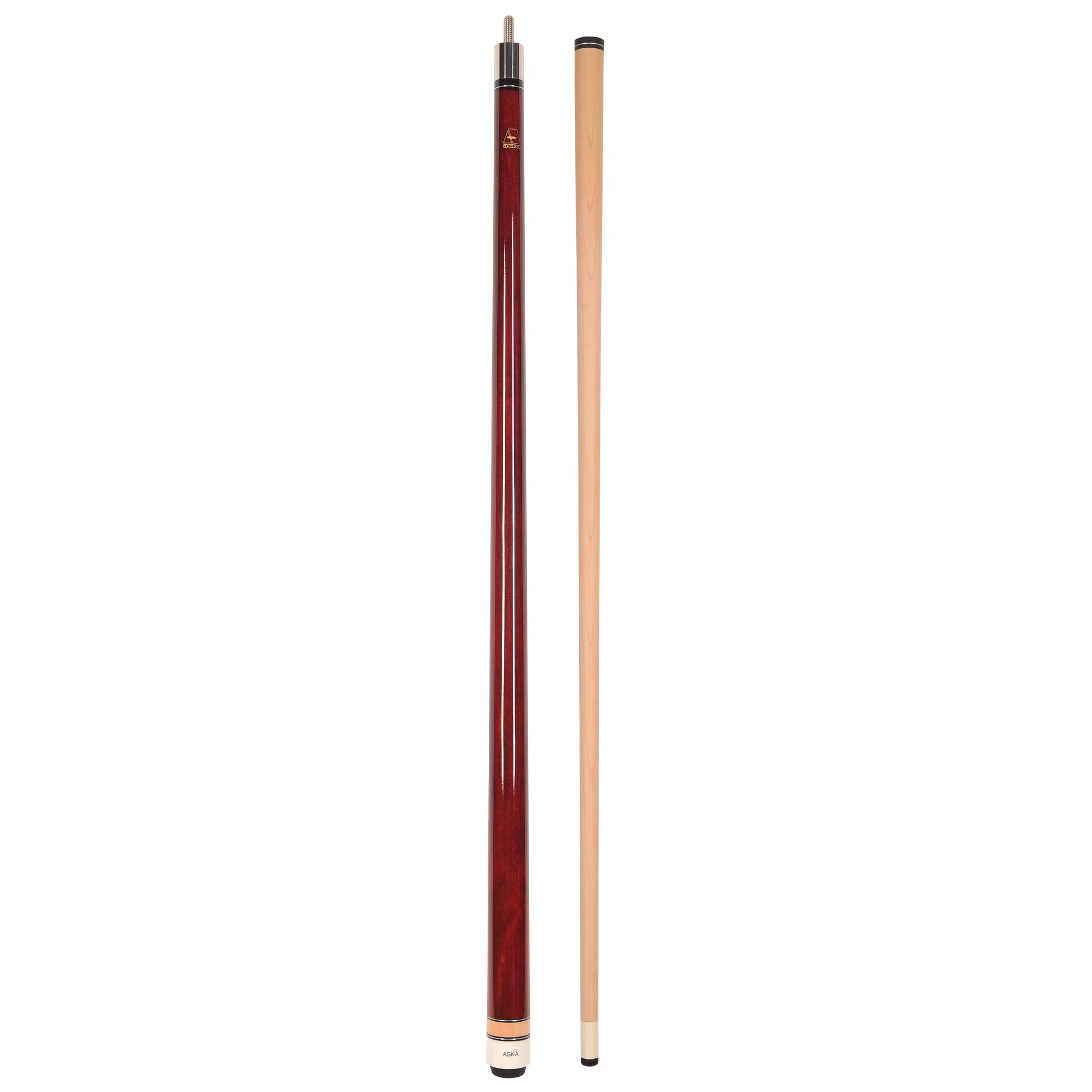 Two-piece pool cue stick shown disassembled, one section red, one maple