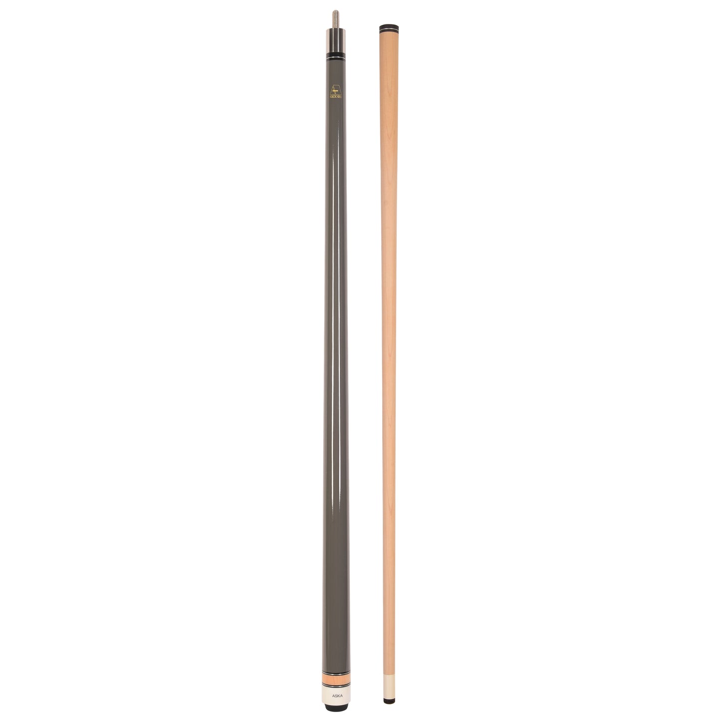 Full view of grey cue stick and separate maple shaft.