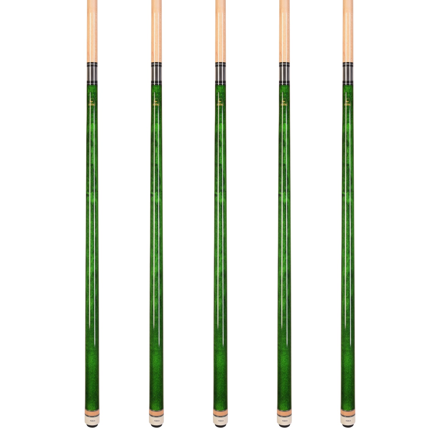 Set of 5 Aska L3 Green Pool Cue Sticks, 58", 13mm Tip, Hard Rock Canadian Maple Shaft, Wrapless, L3S5GRN