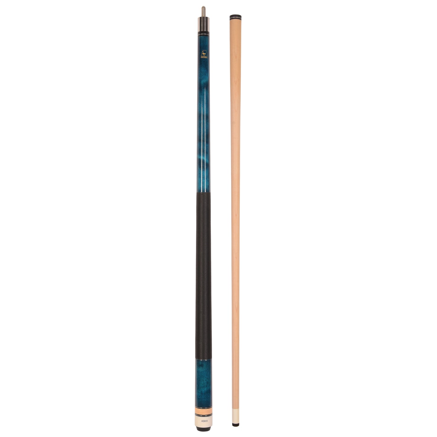Complete blue pool cue and separate shaft shown laid out.