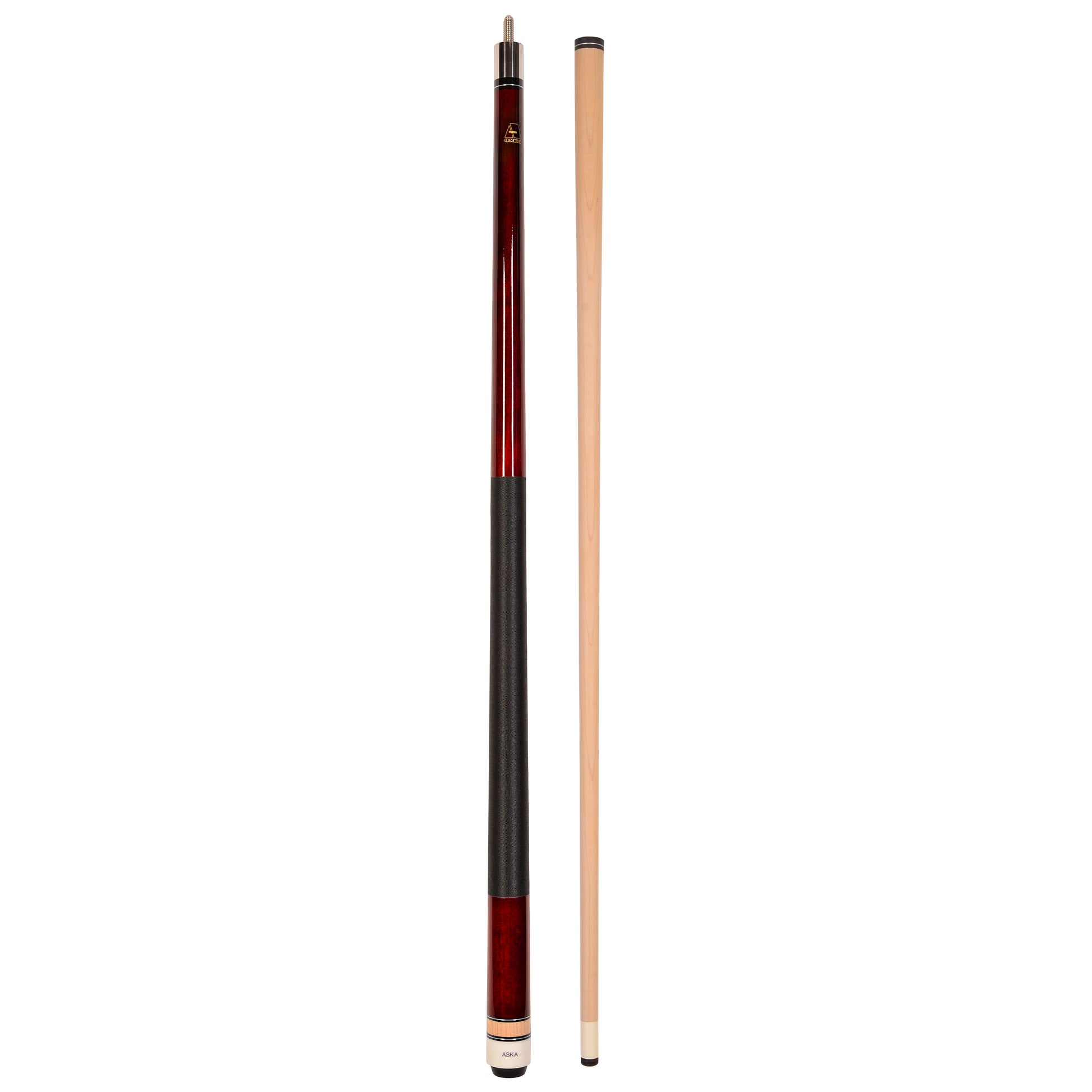 Full view of red pool cue and separate maple shaft