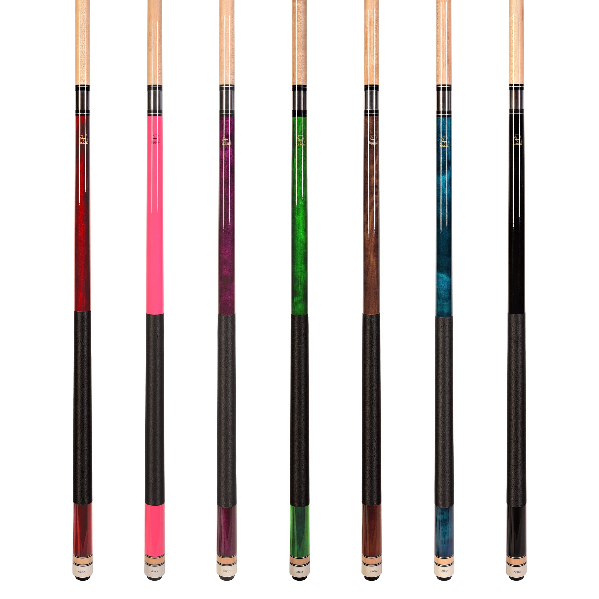 Set of 7 Aska L2 Billiard Pool Cues, 58" Hard Rock Canadian Maple, 13m