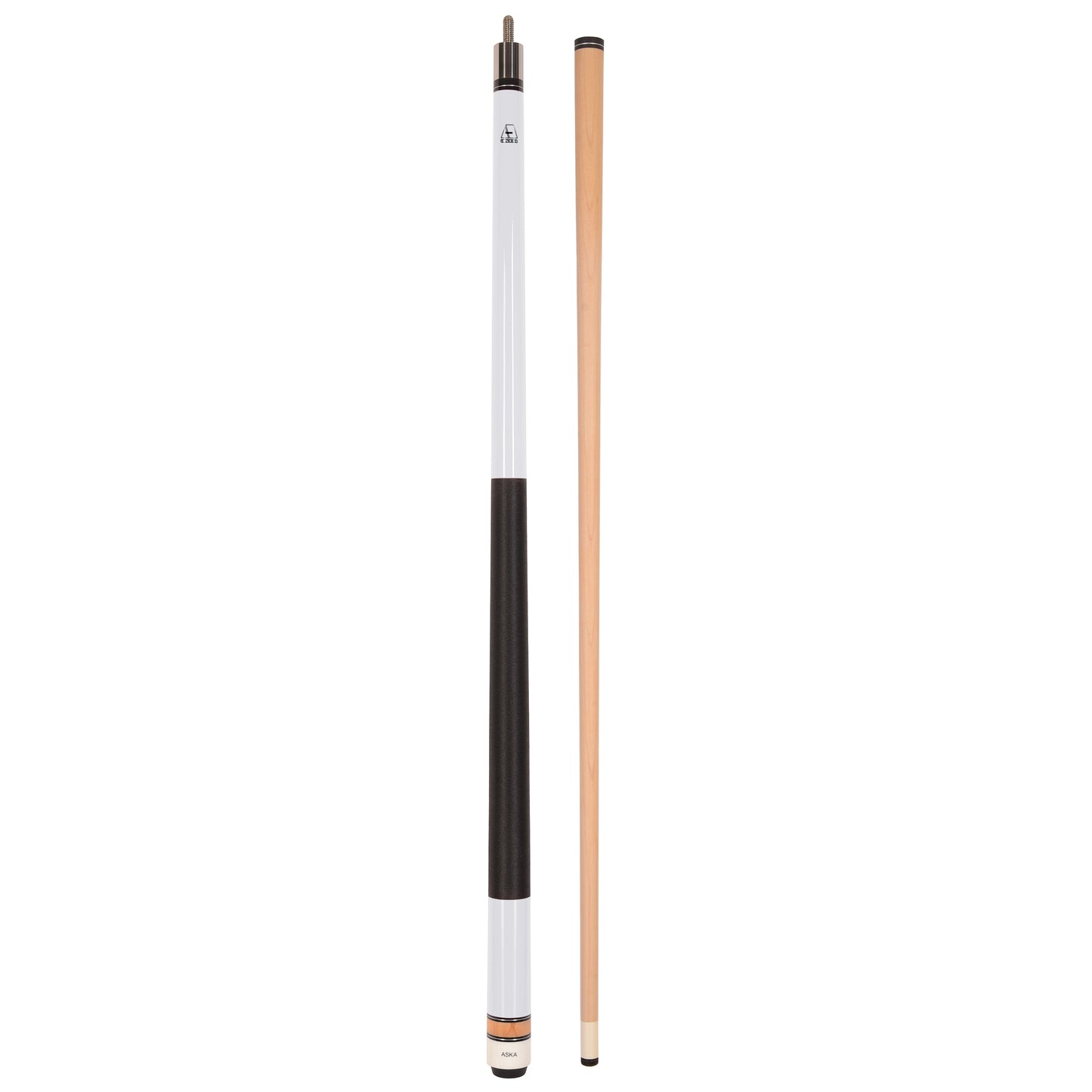 White and black pool cue stick with a separate maple shaft.