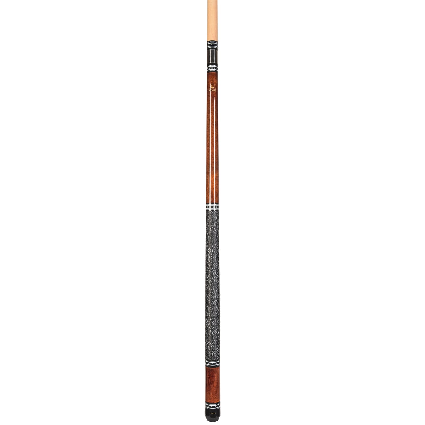 Full view of a billiard cue showing wood details and grip.