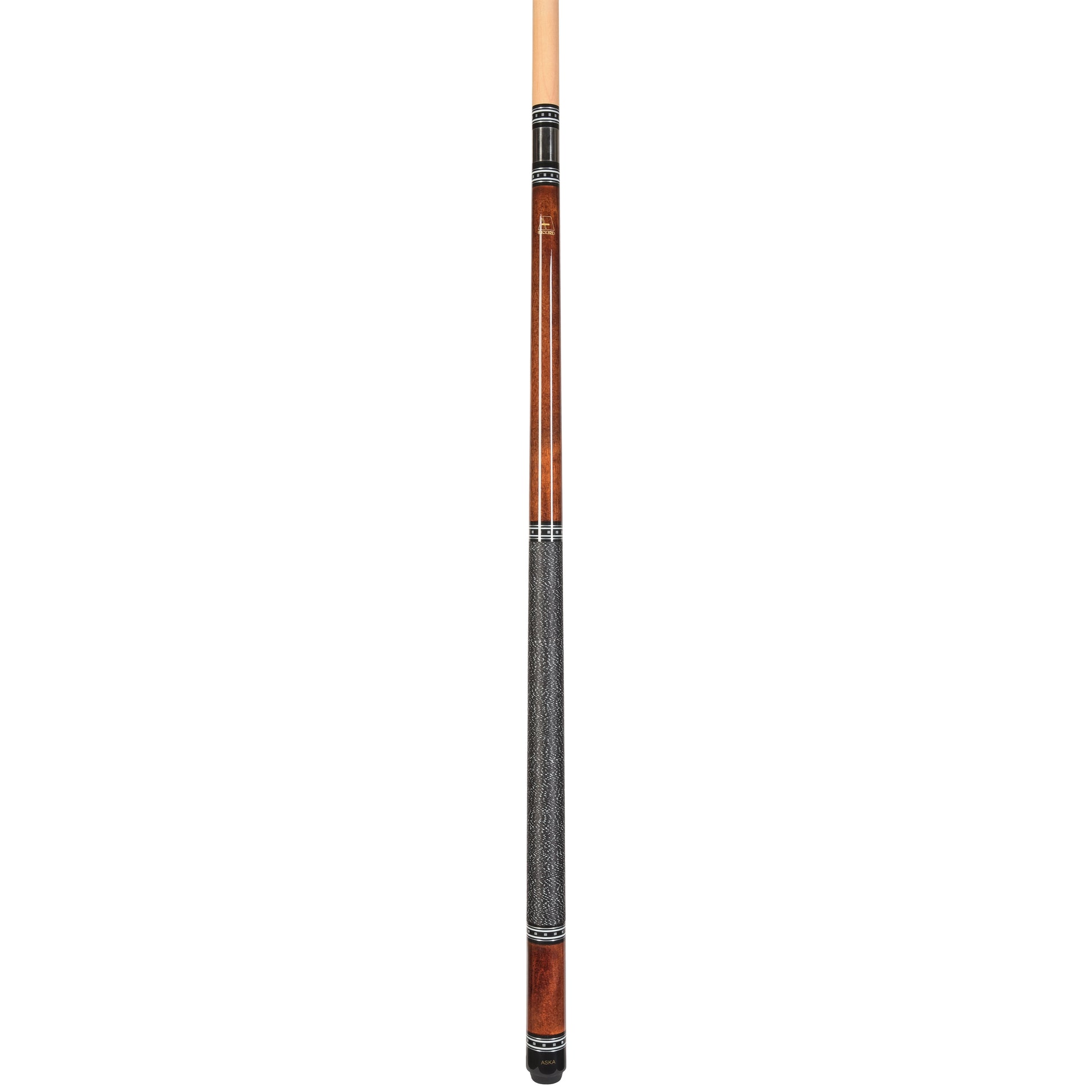 Full view of a billiard cue showing wood details and grip.