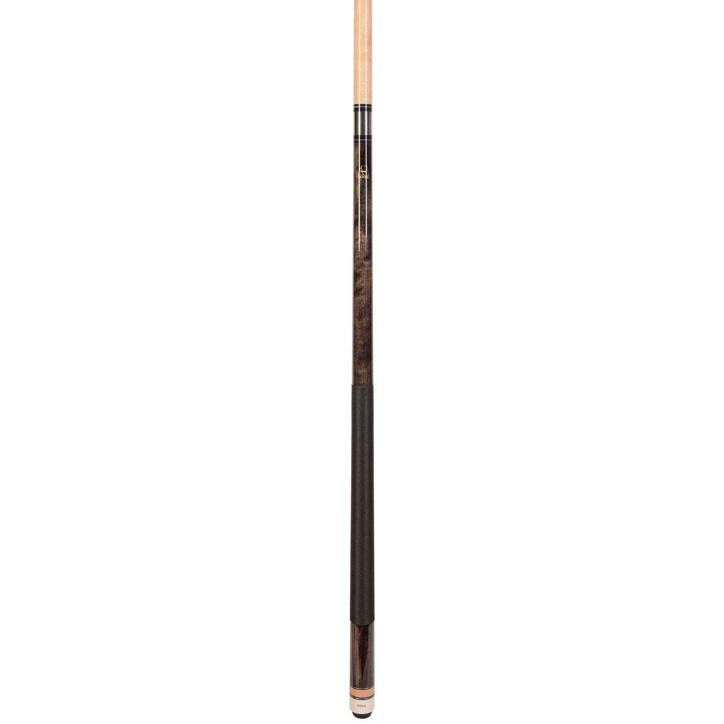Angled view of the assembled pool cue stick.