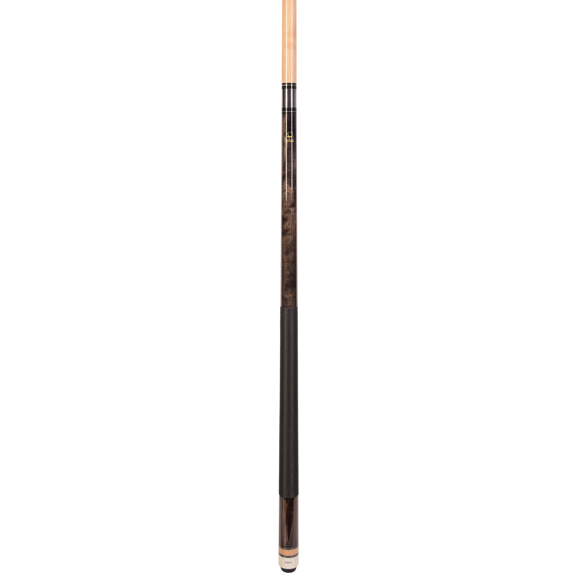 Angled view of the assembled pool cue stick.