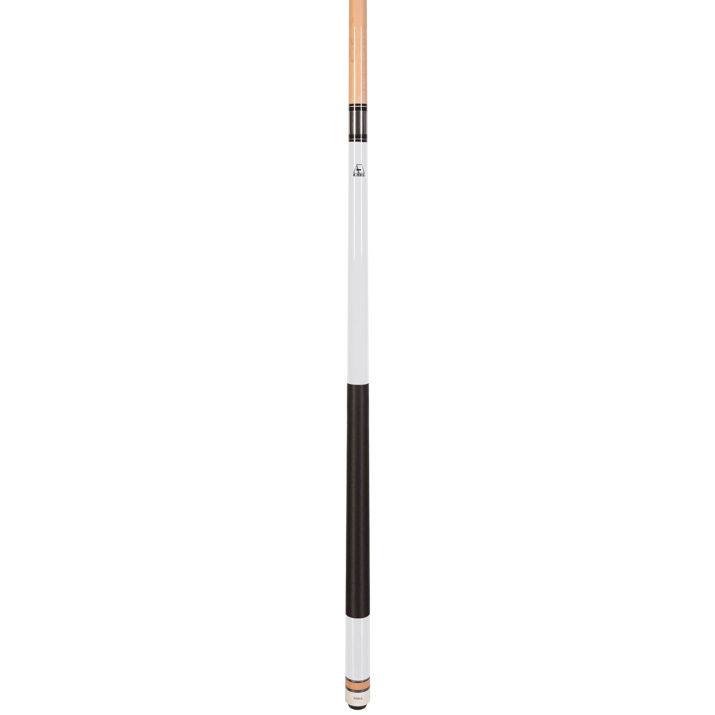 Profile view of a white pool cue with a black grip section.