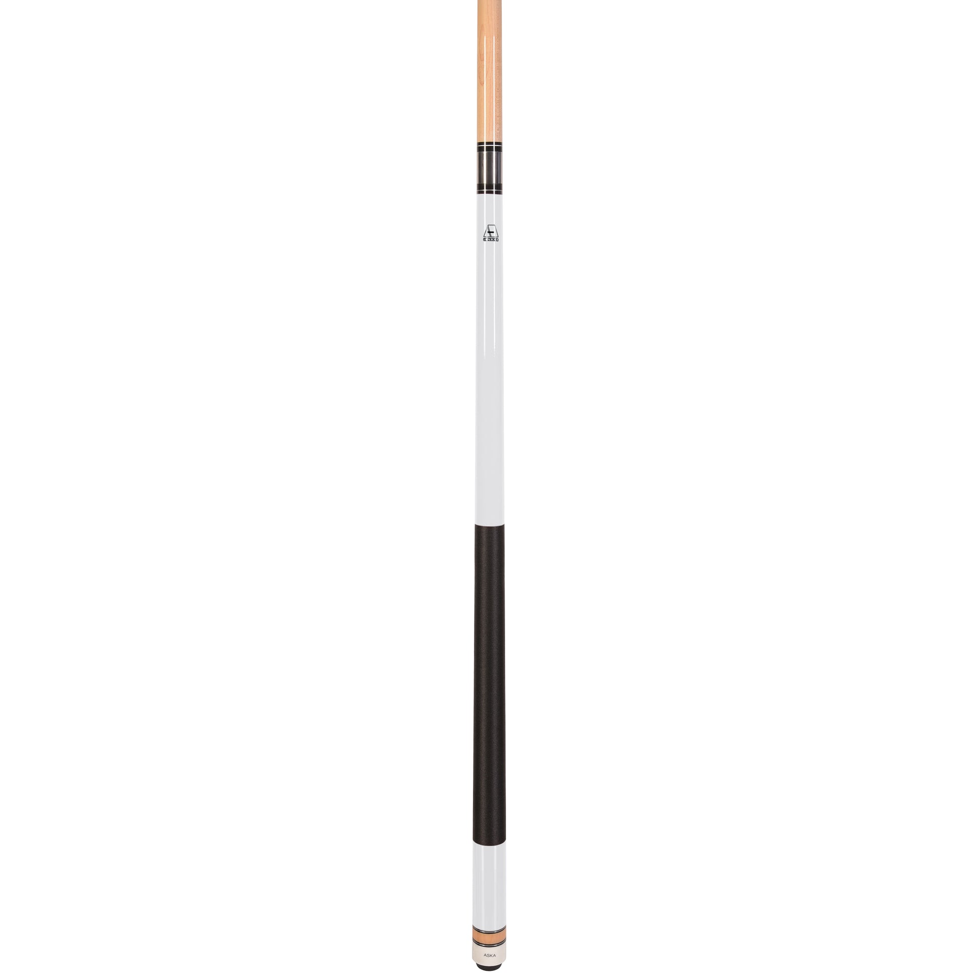 Profile view of a white pool cue with a black grip section.