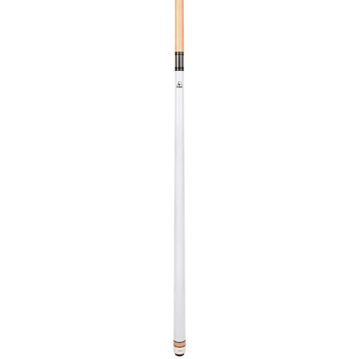 Close-up profile view of a white pool cue stick's maple shaft.