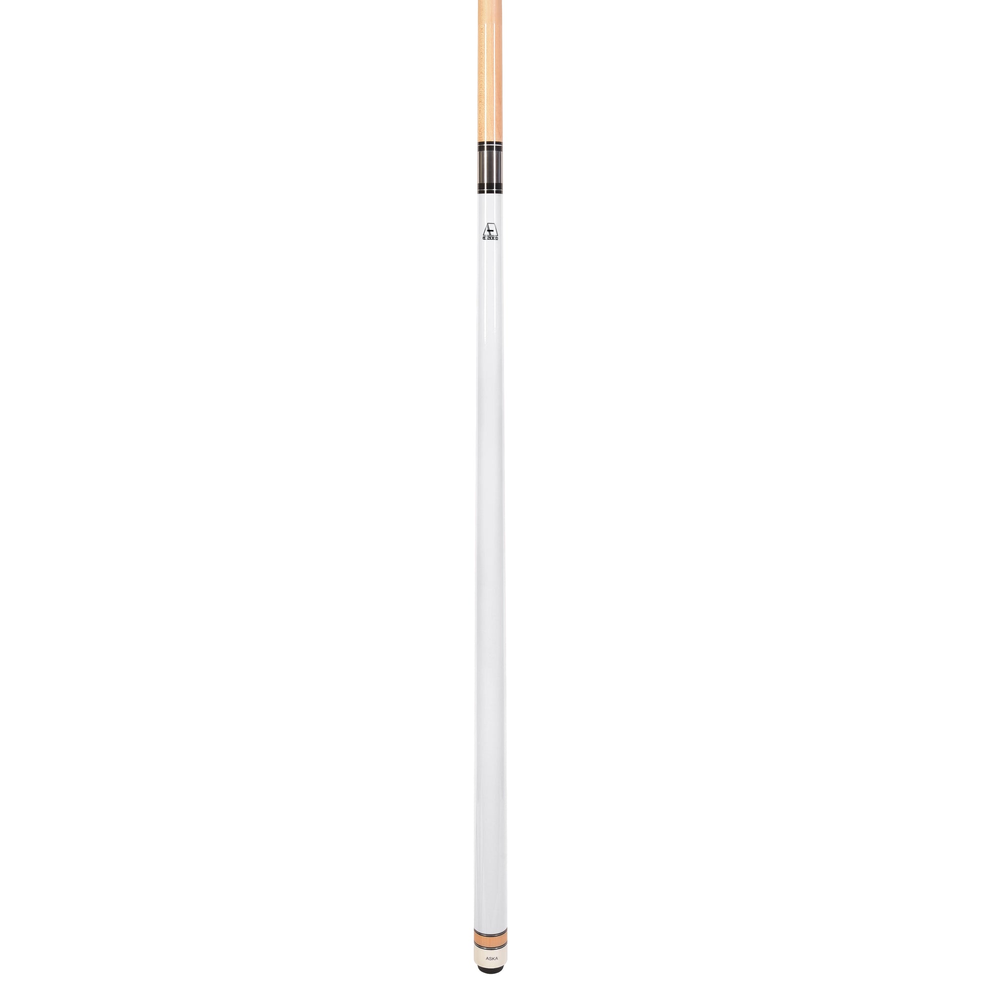 Close-up profile view of a white pool cue stick's maple shaft.
