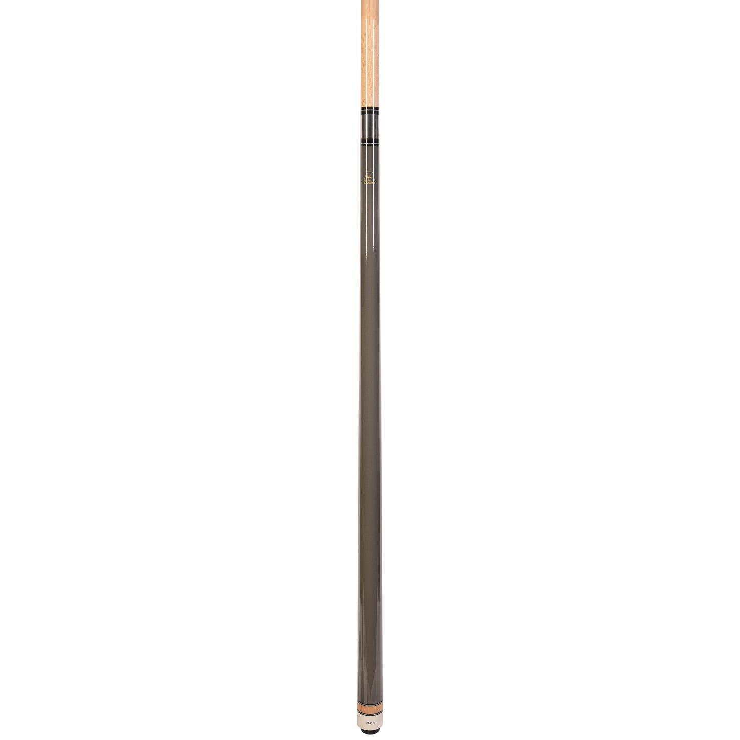 Profile view of assembled grey pool cue stick with white accents.