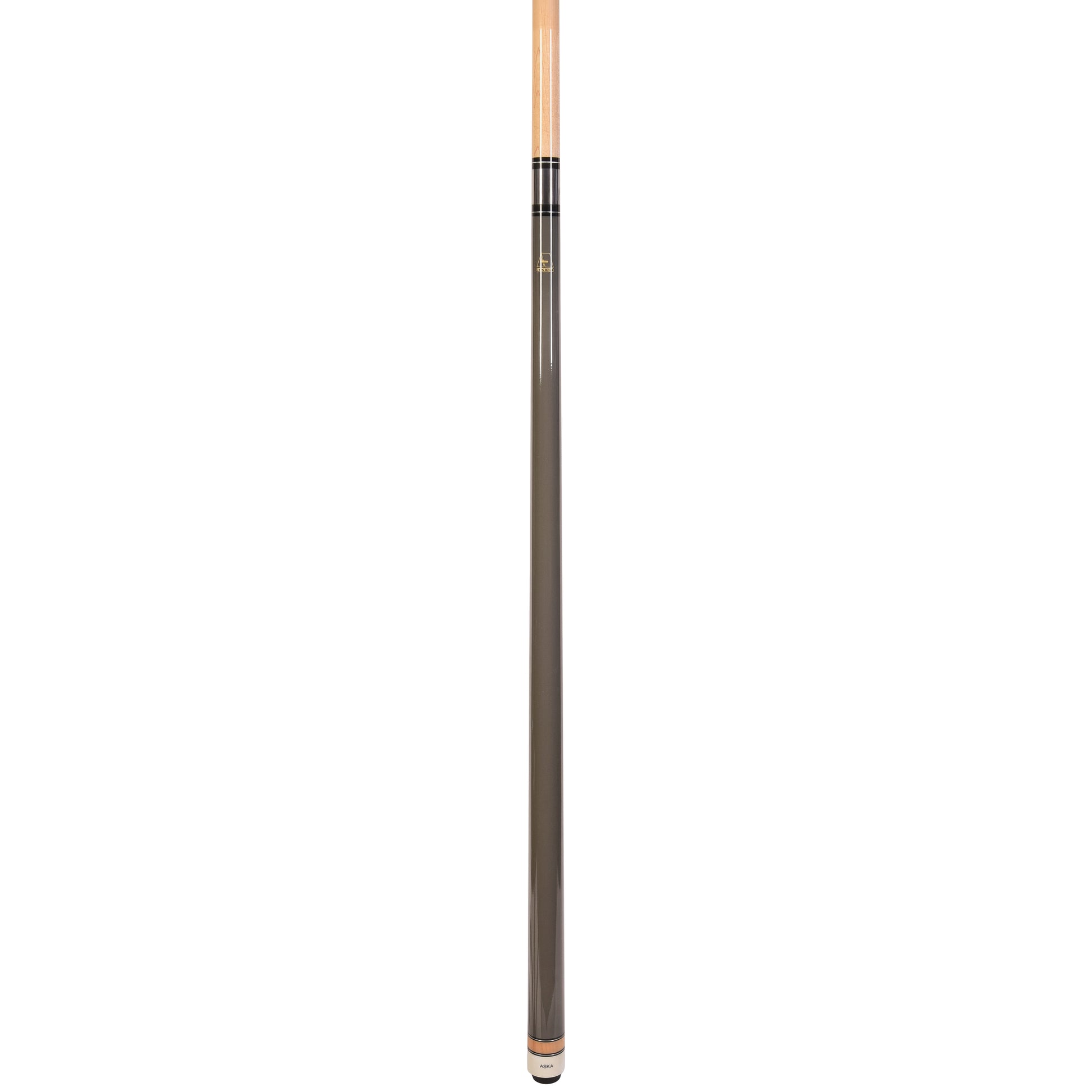 Profile view of assembled grey pool cue stick with white accents.