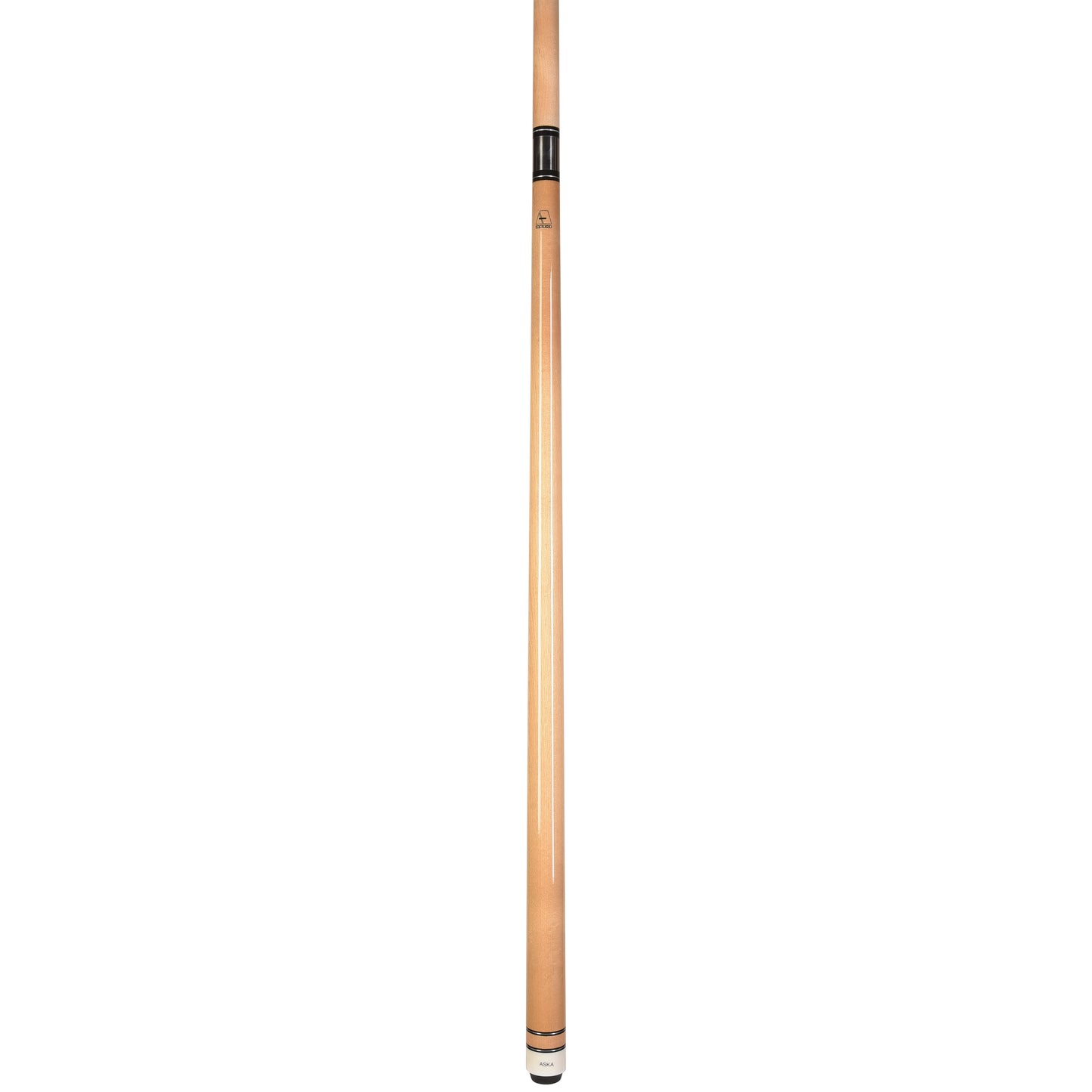 Profile view of the assembled natural wood pool cue stick.