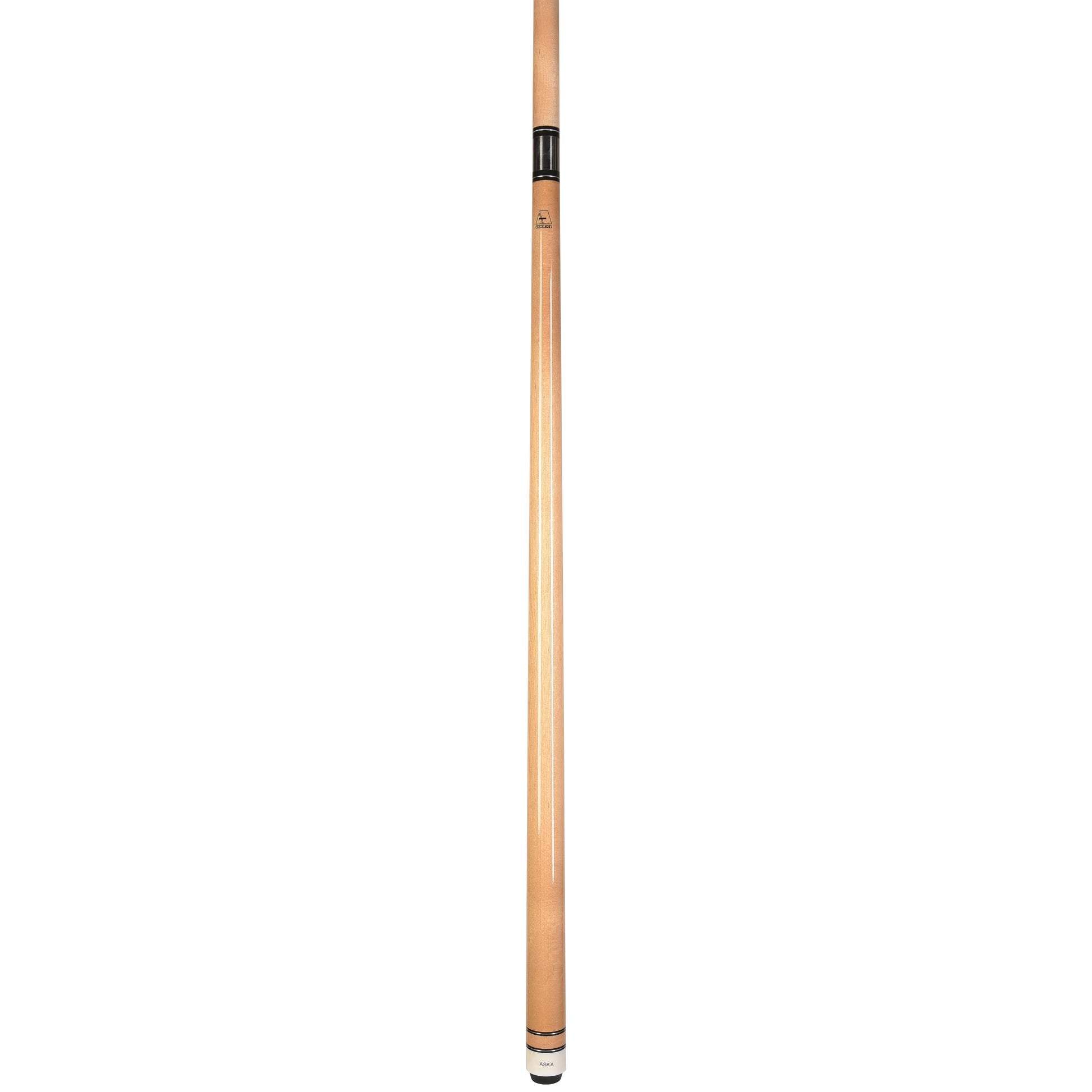 Profile view of the assembled natural wood pool cue stick.
