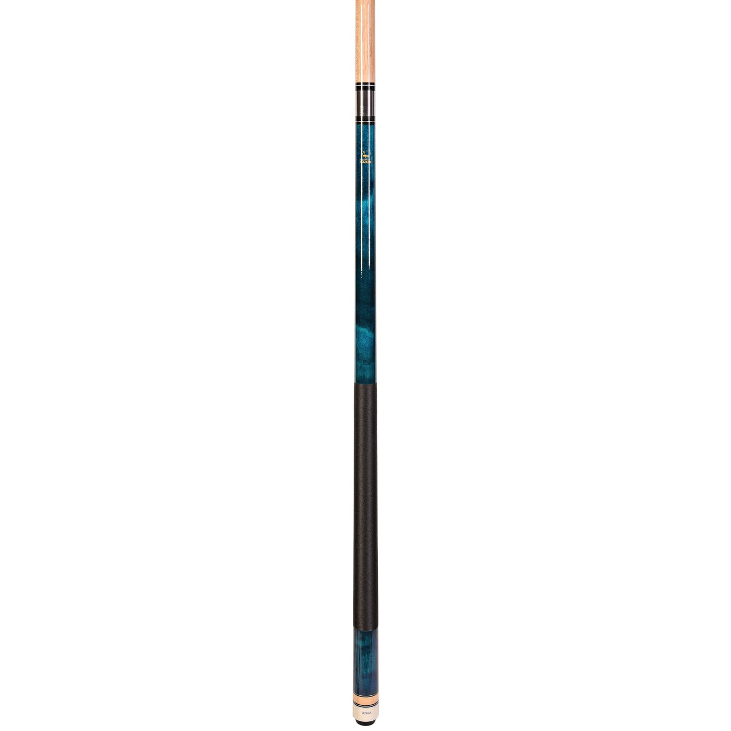 Full length profile view of the blue pool cue stick.