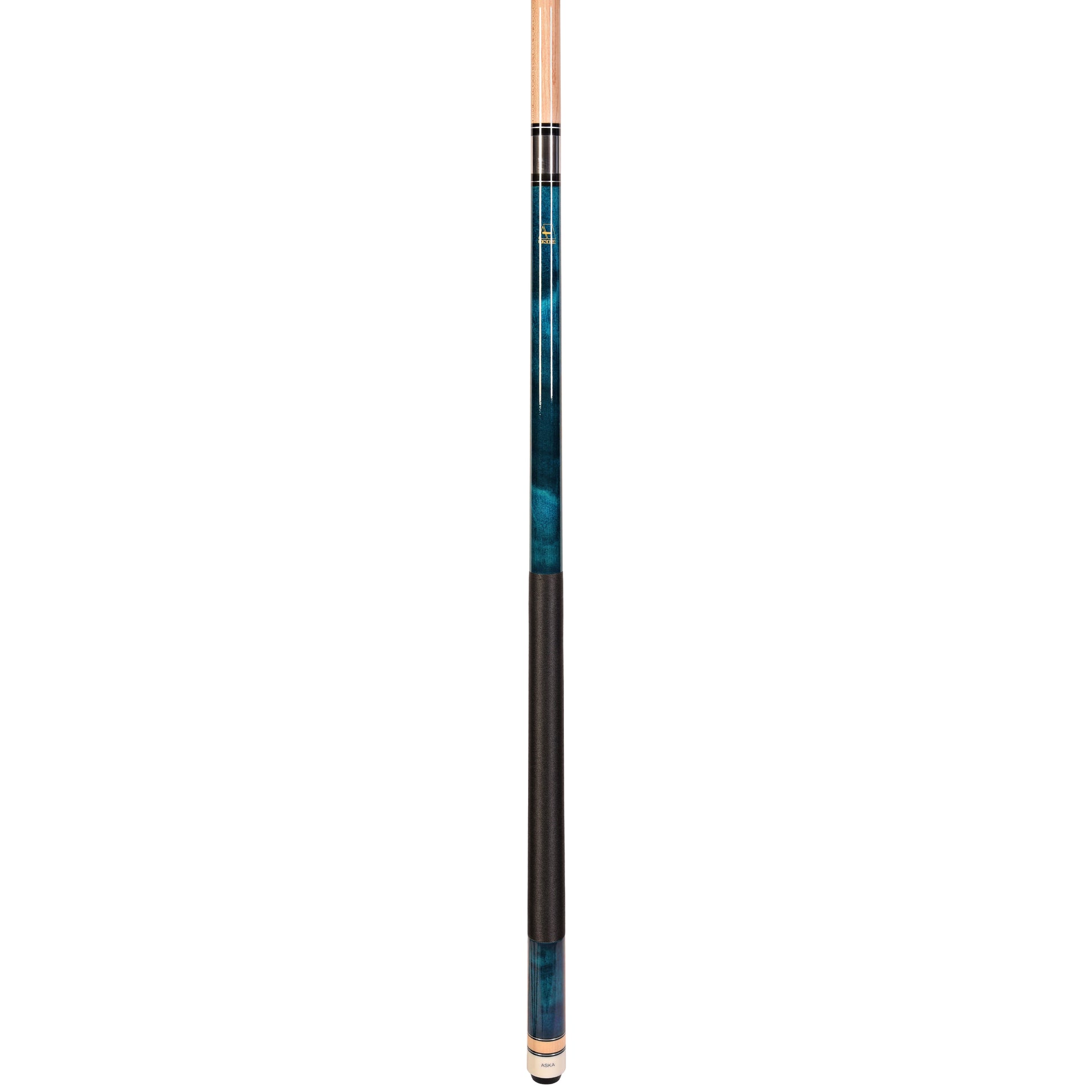 Full length profile view of the blue pool cue stick.