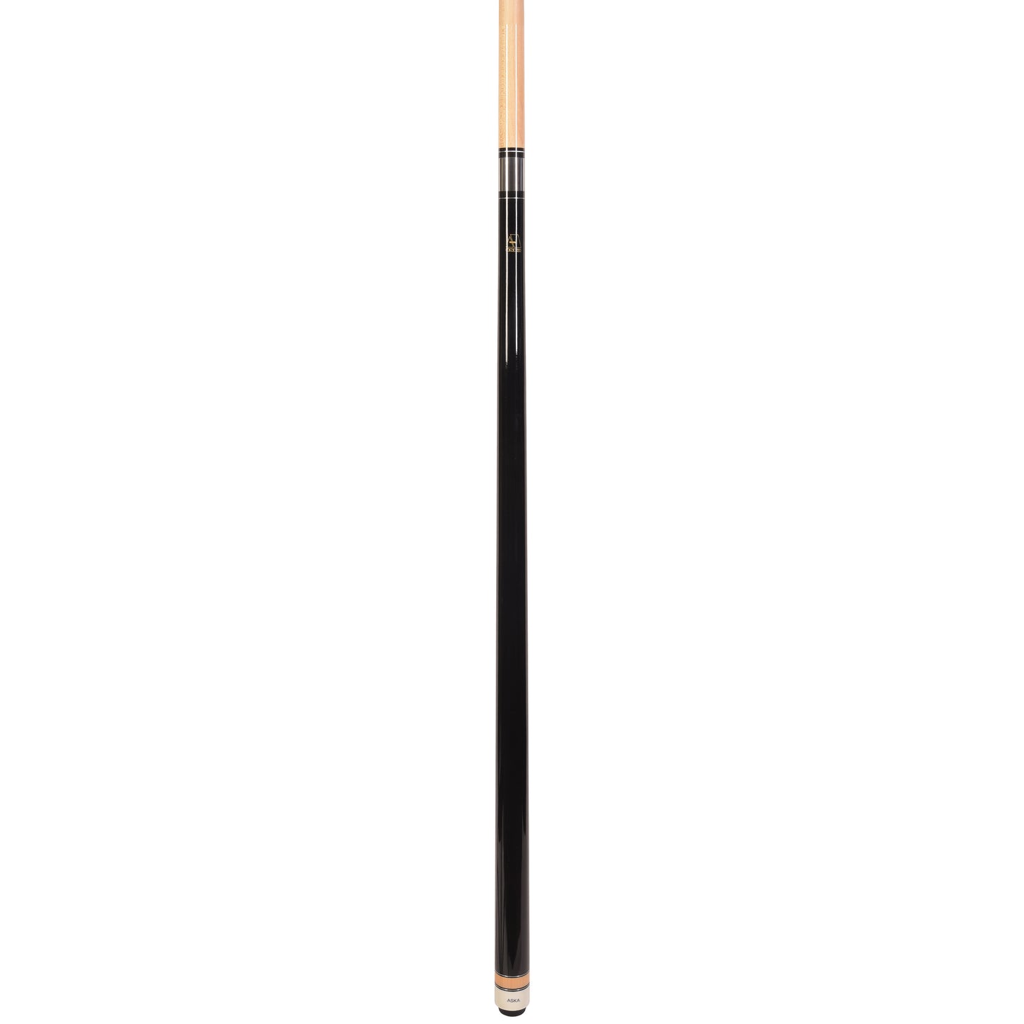 Close-up profile view of the black pool cue stick, showcasing its length and design.