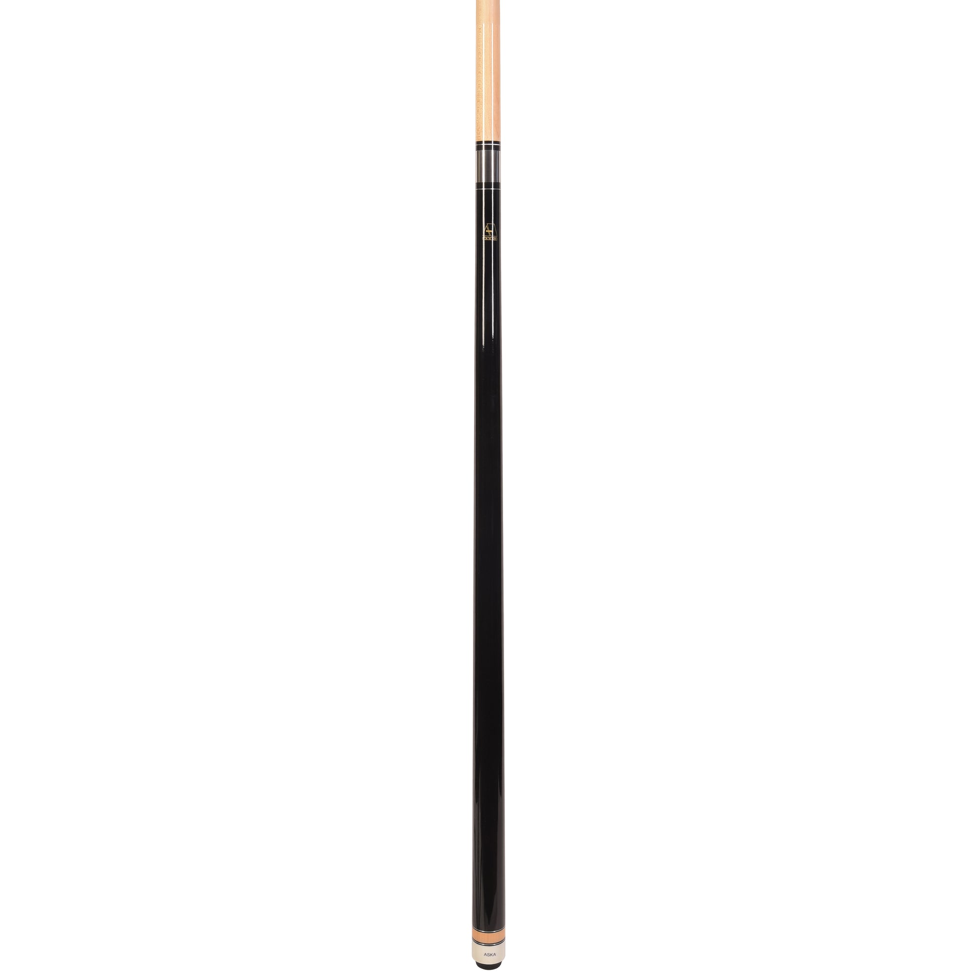 Close-up profile view of the black pool cue stick, showcasing its length and design.