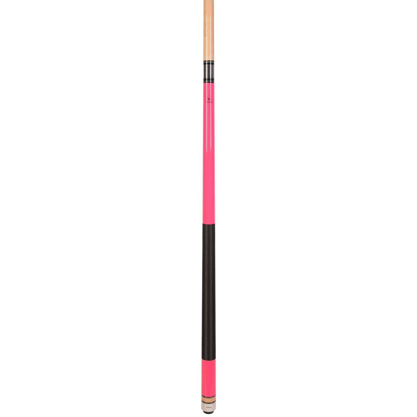 Profile view of the pink billiard cue stick with black grip