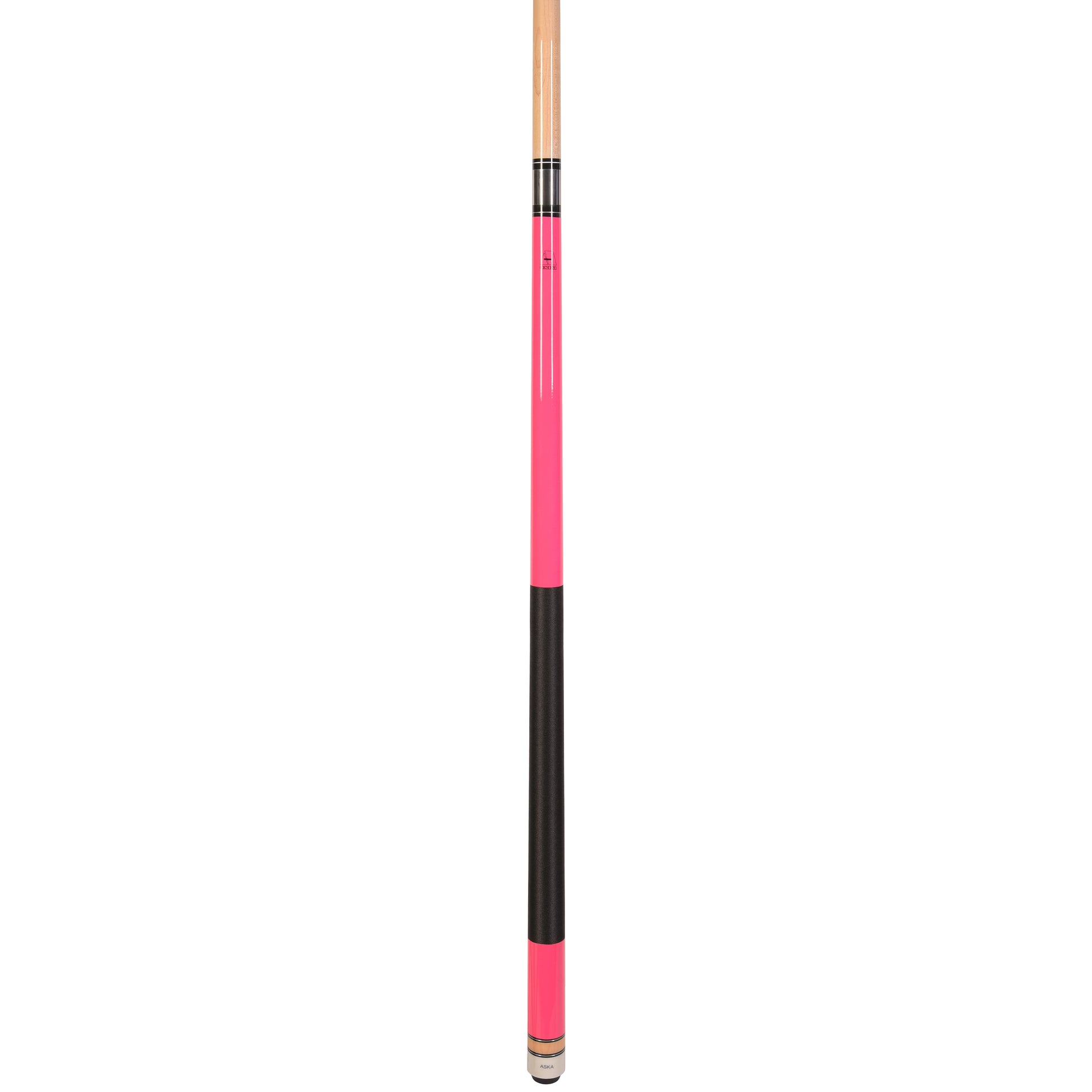 Profile view of the pink billiard cue stick with black grip