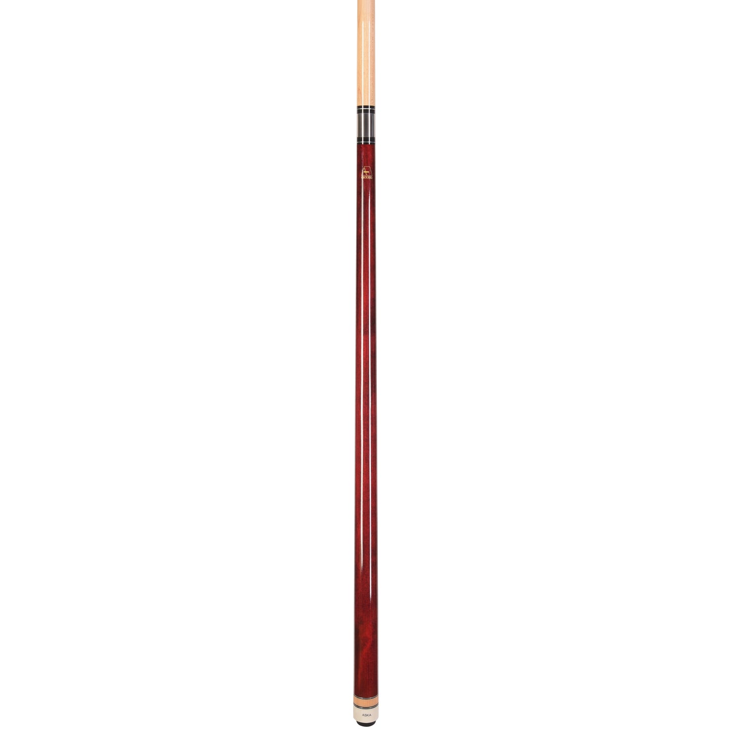 Full view of assembled red pool cue stick against white background