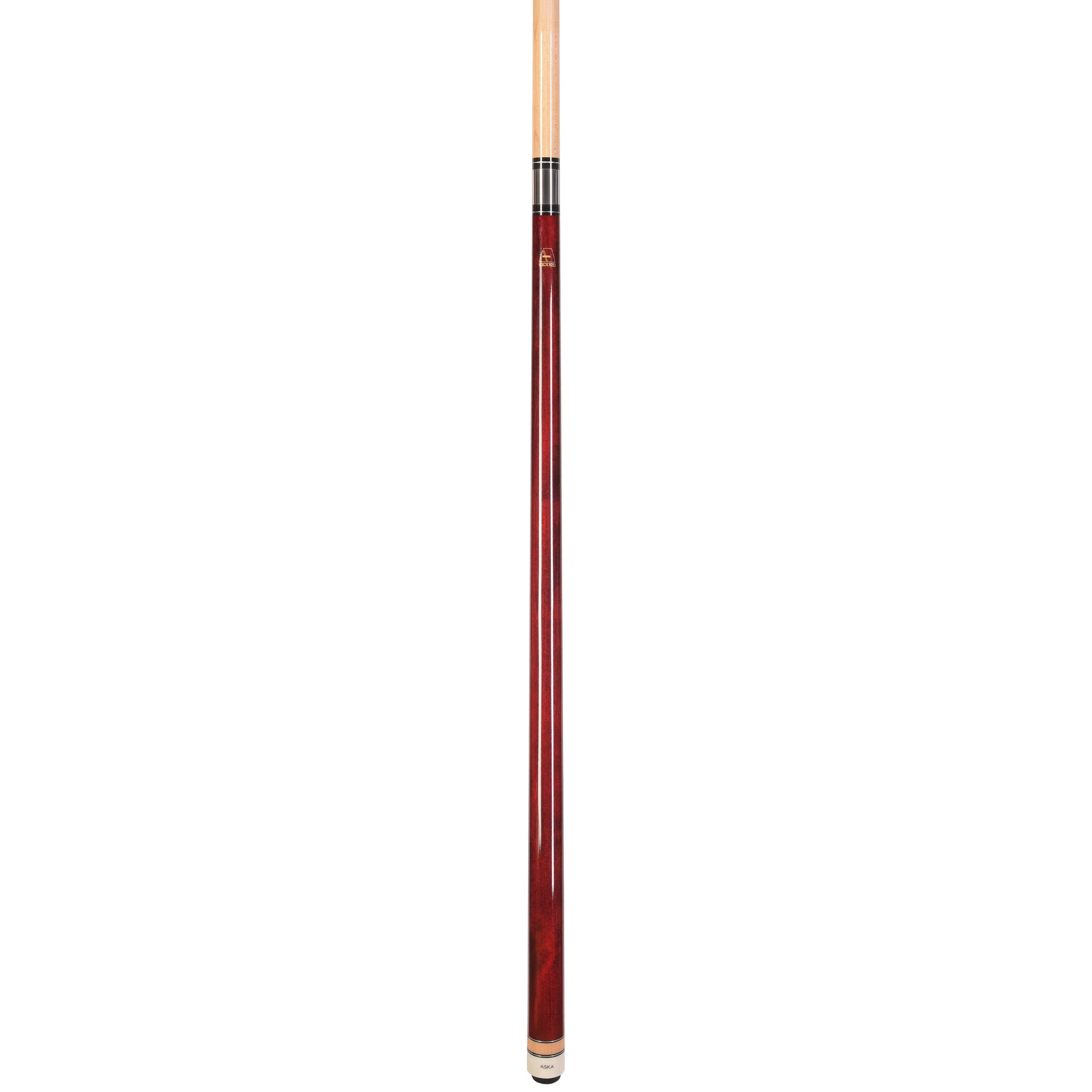 Full view of assembled red pool cue stick against white background