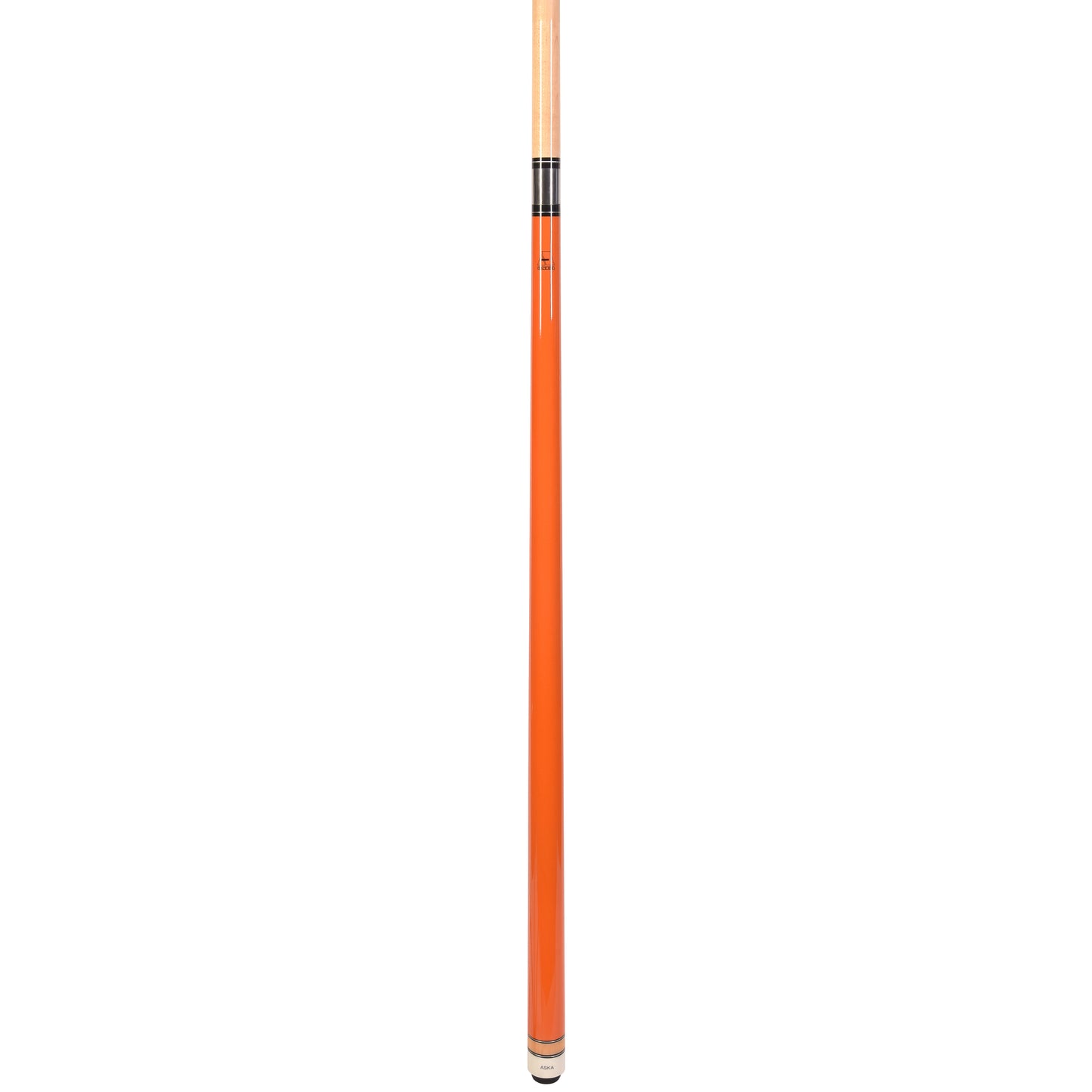 Close-up side view of the orange pool cue shaft.