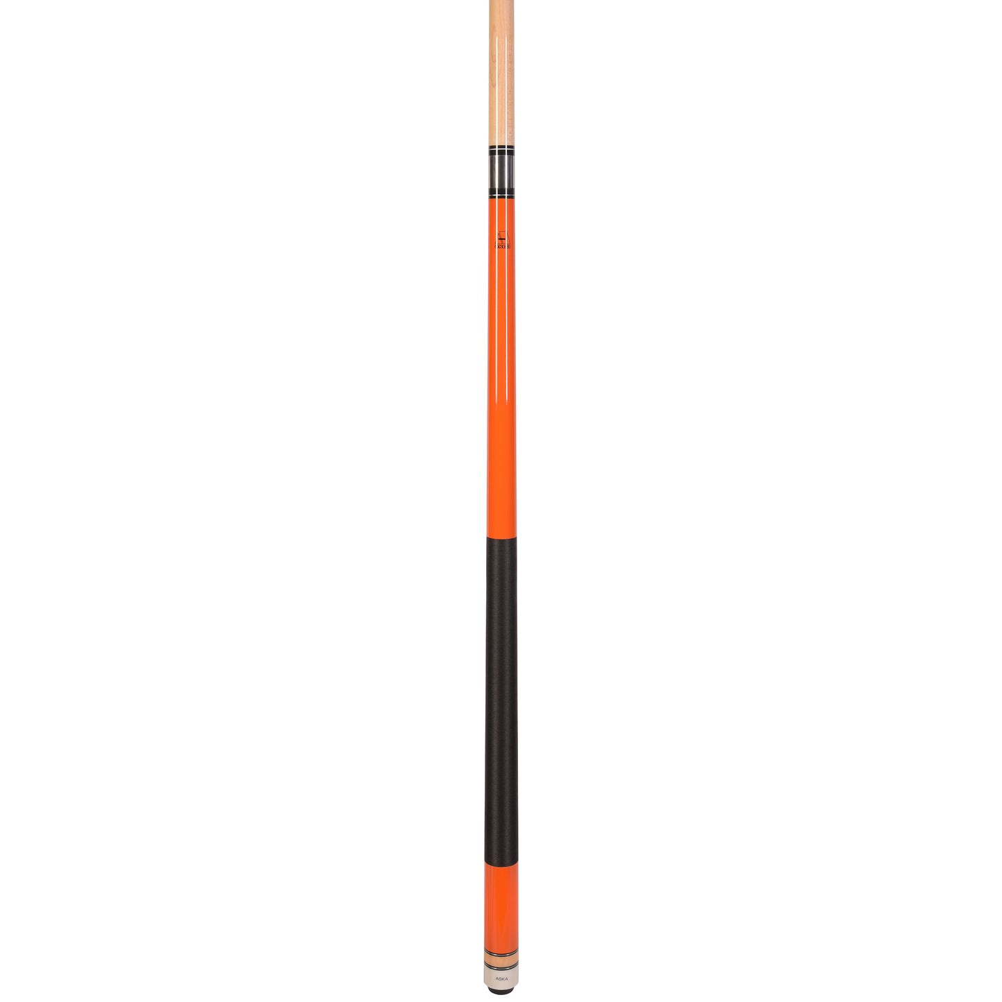 Angled view of the orange cue stick with black wrap section.