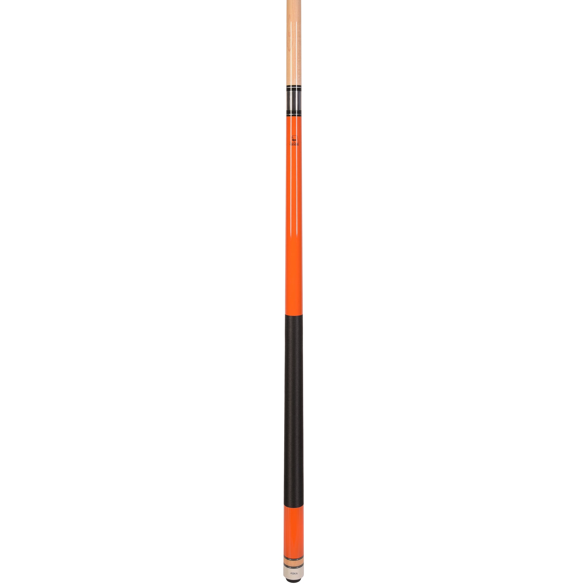 Angled view of the orange cue stick with black wrap section.