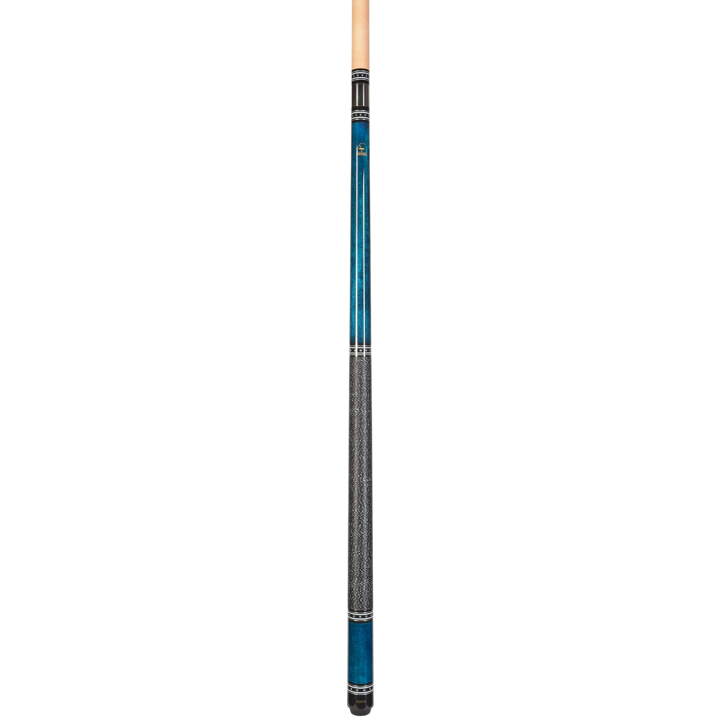 Full view of blue pool cue showing grip and rings.