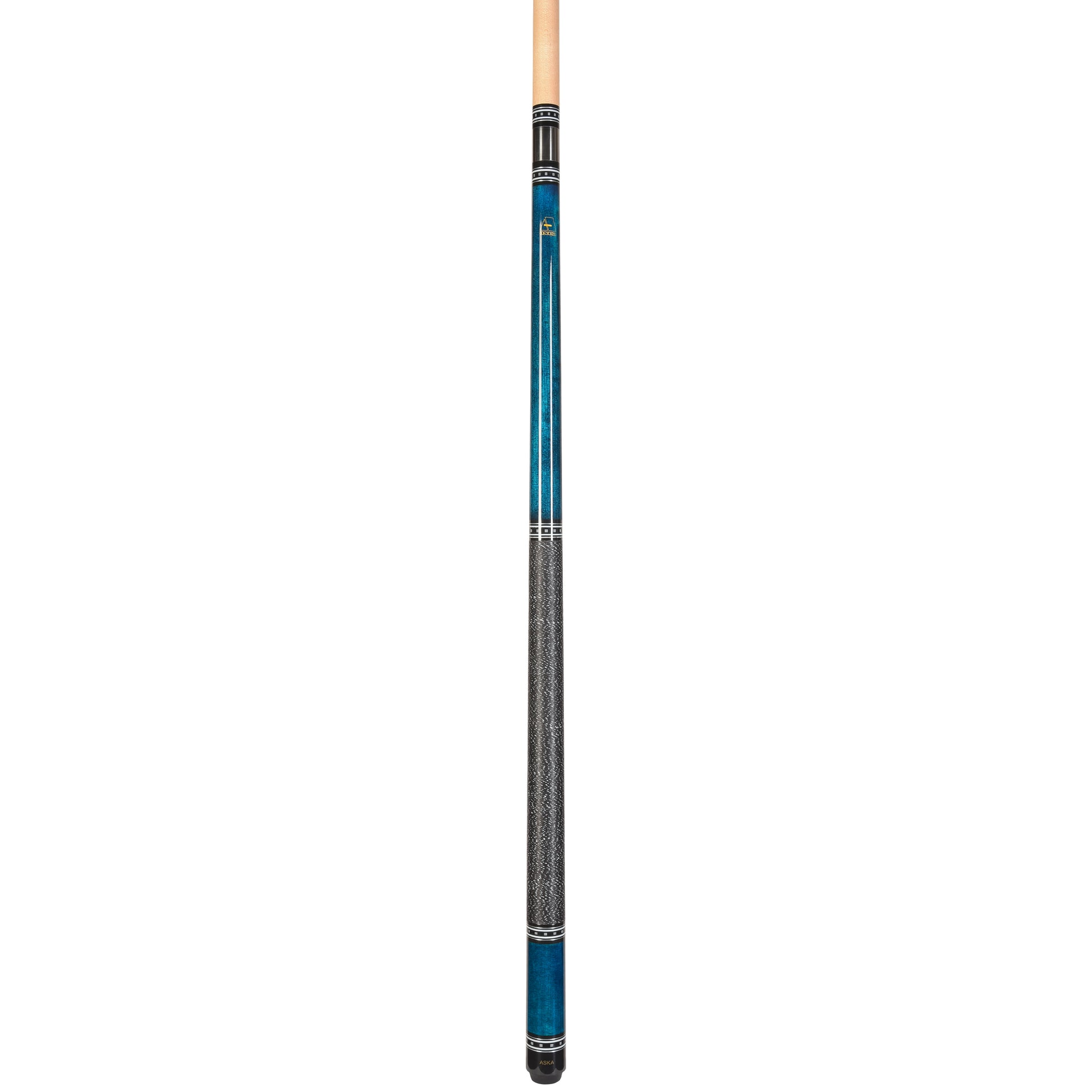 Full view of blue pool cue showing grip and rings.