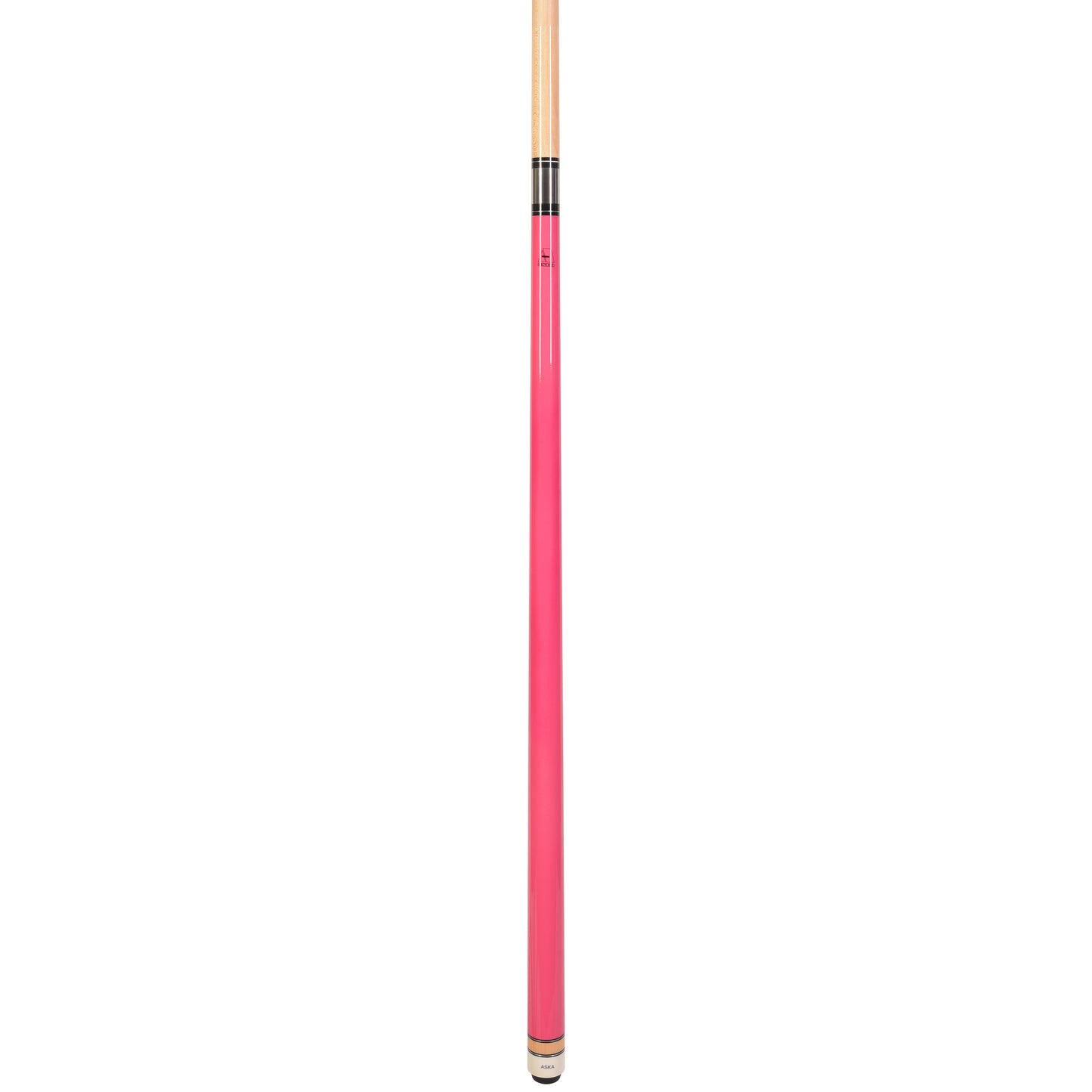 Close-up profile view of the pink pool cue stick's butt section.