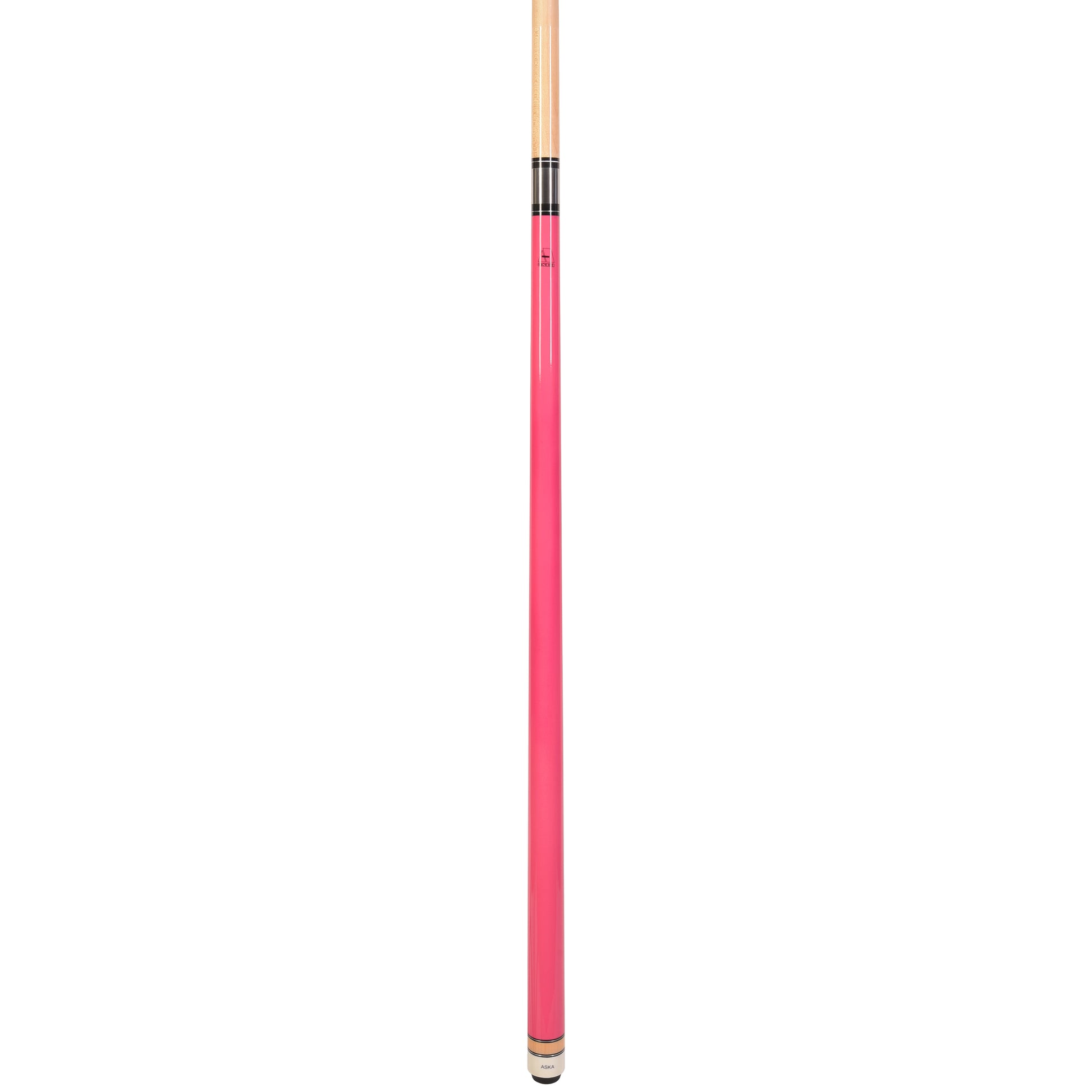 Close-up profile view of the pink pool cue stick's butt section.