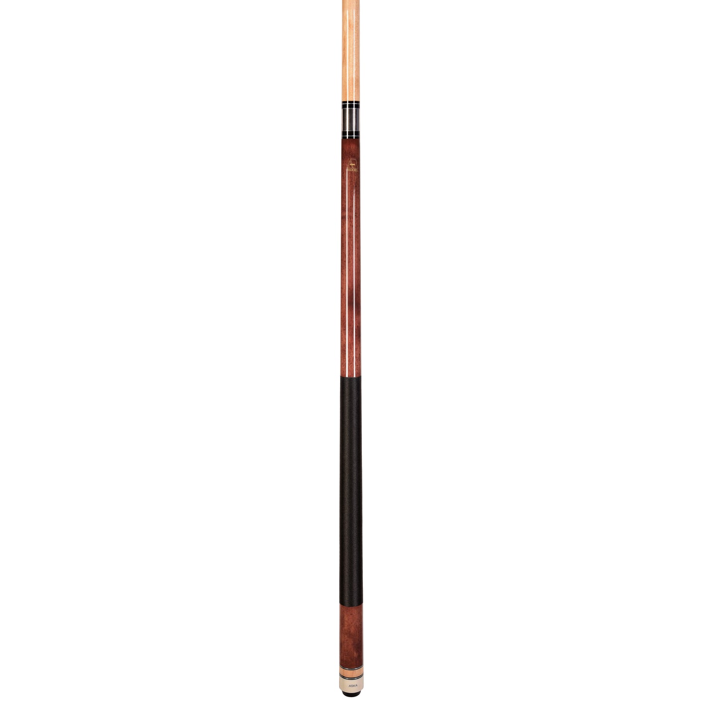 Angled view of the pool cue stick's butt and shaft assembled together.