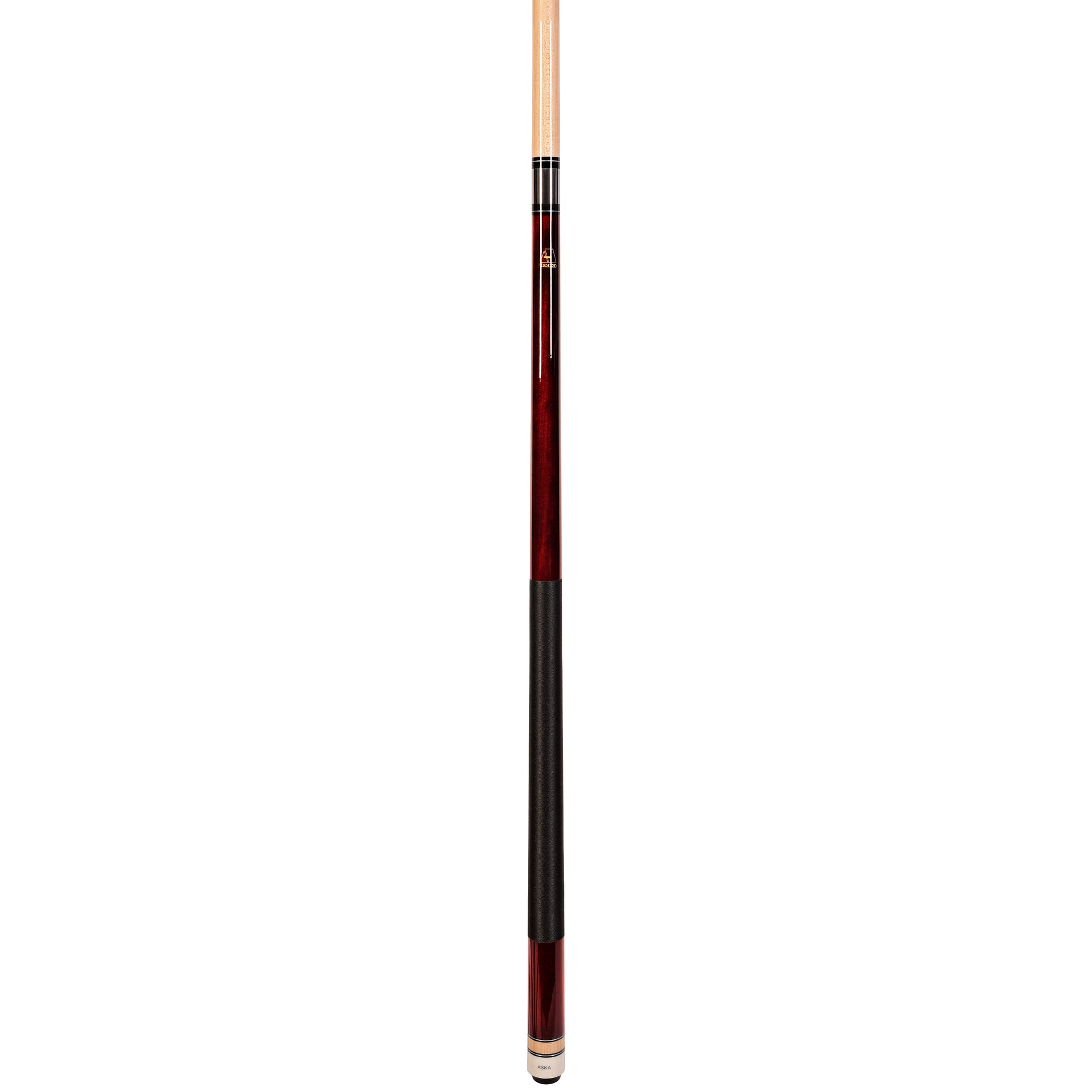 Red pool cue stick full view angled with black wrap