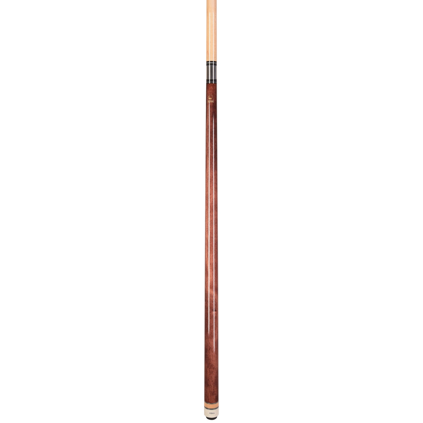 Full view of a billiard cue with a mahogany finish and white accents.