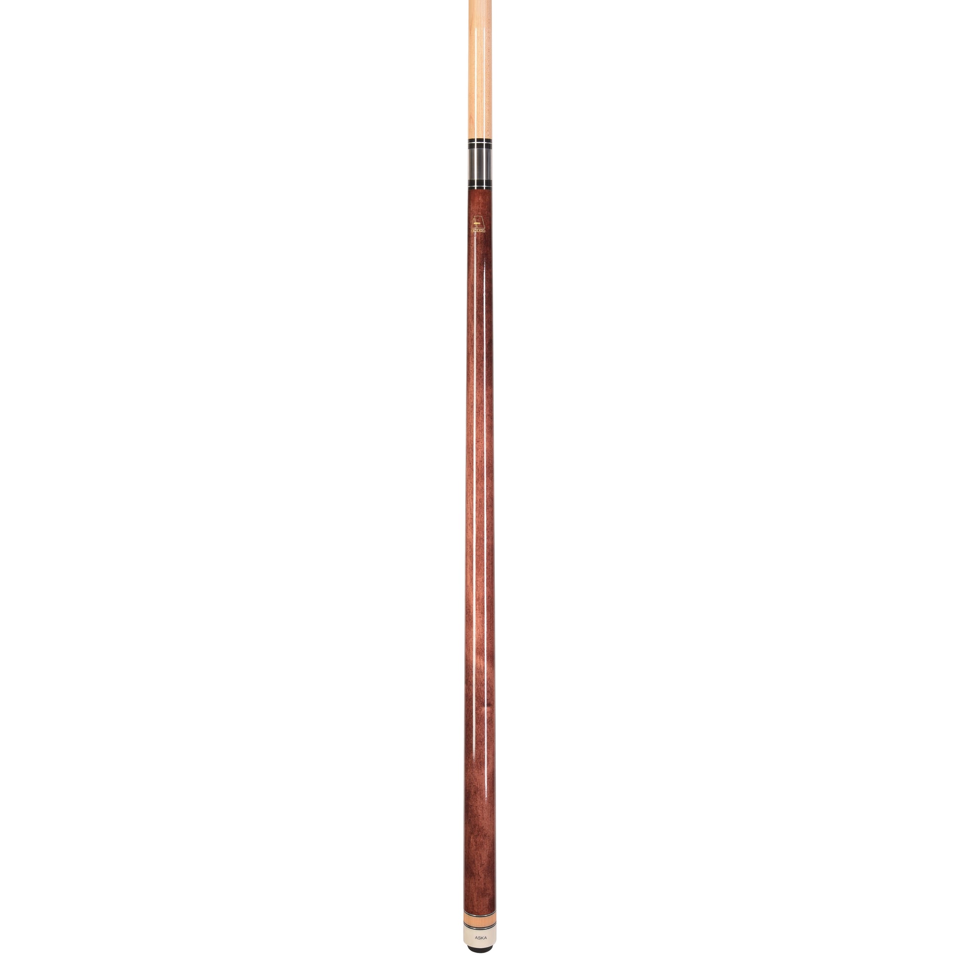 Full view of a billiard cue with a mahogany finish and white accents.