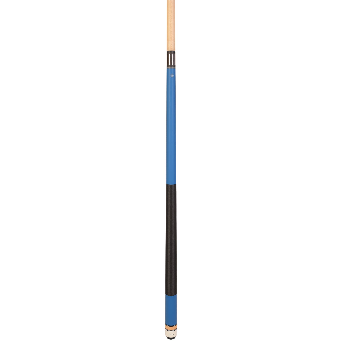 Full view of the blue billiard cue stick showcasing its grip and joint.
