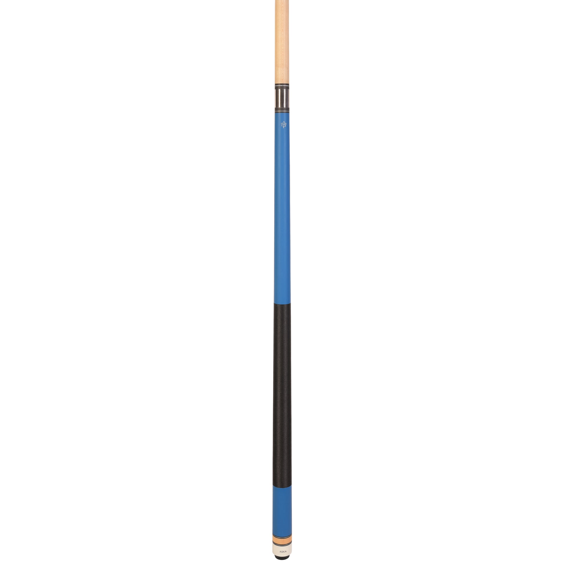 Full view of the blue billiard cue stick showcasing its grip and joint.