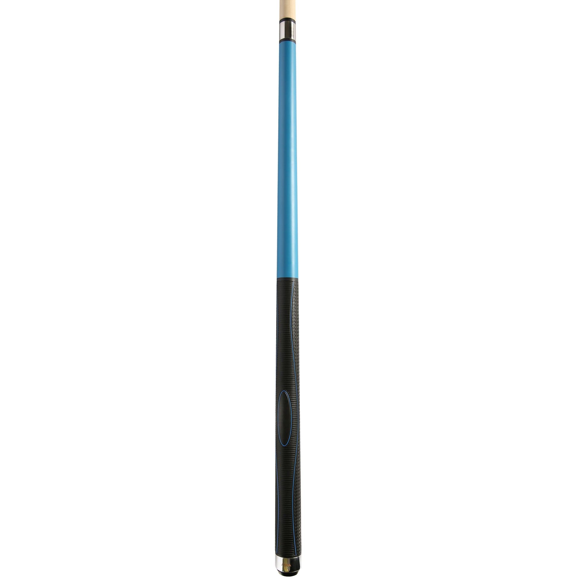 Angled view of the pool cue's grip and shaft.