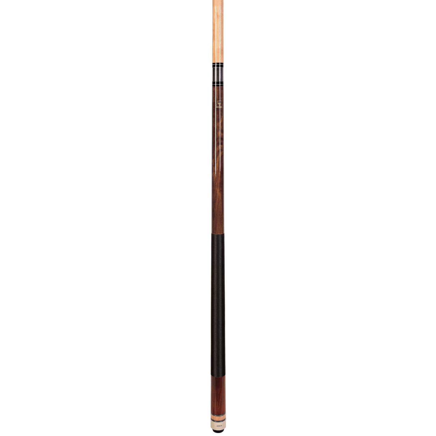 Angled view of a fully assembled pool cue with brown butt and light wood