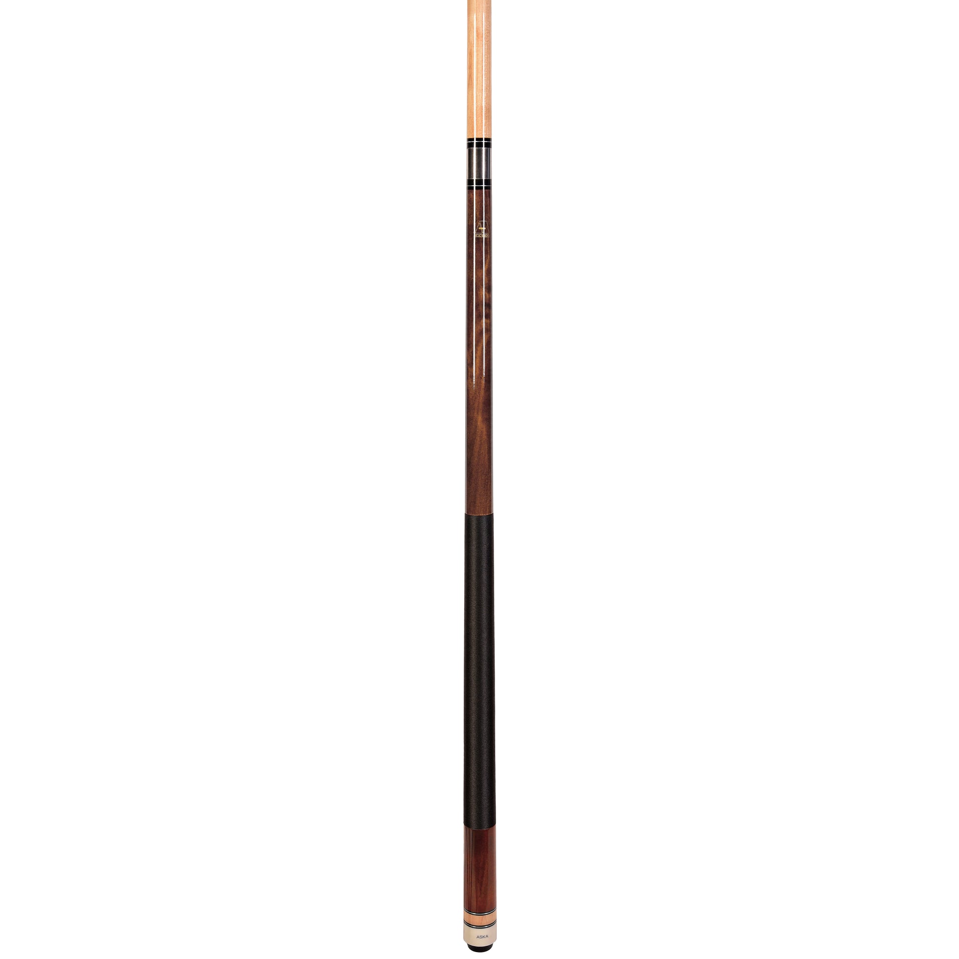 Angled view of a fully assembled pool cue with brown butt and light wood