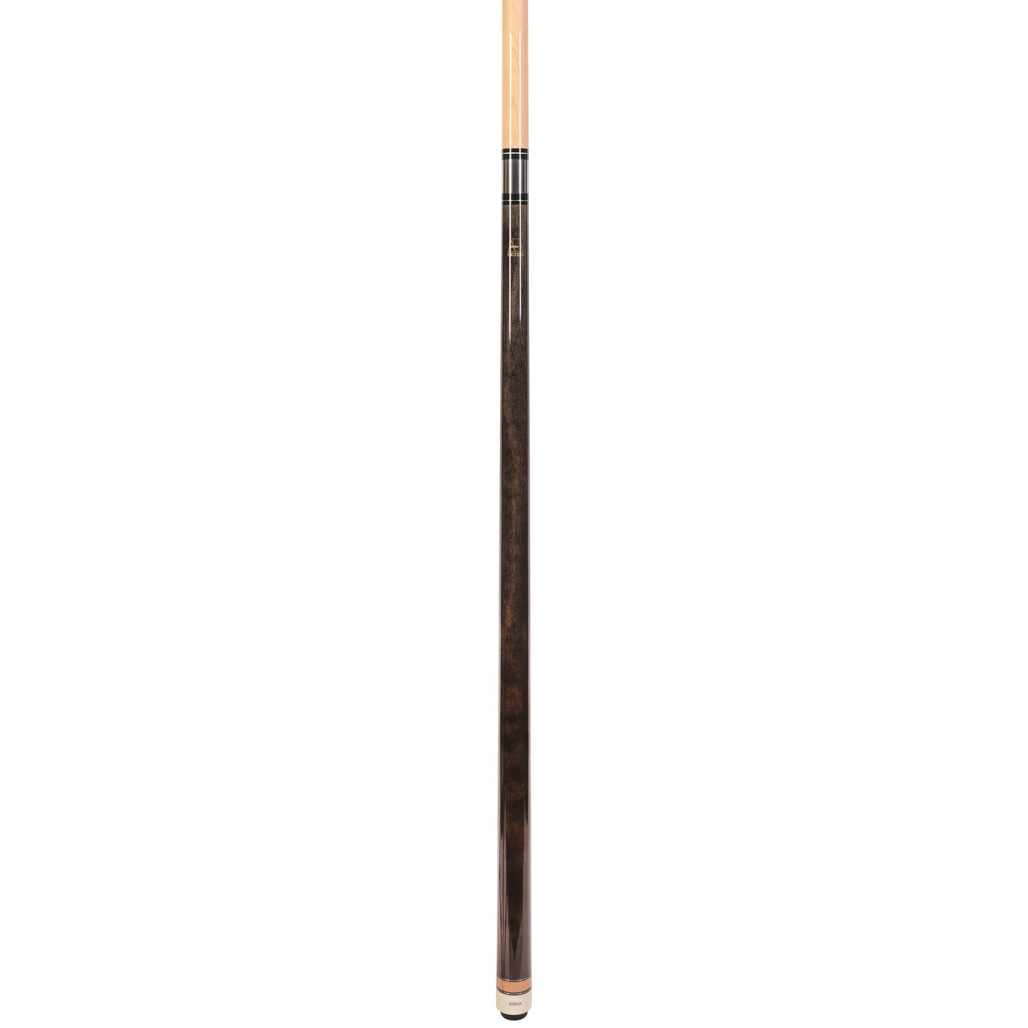 Angled view of the pool cue stick with dark wood finish.