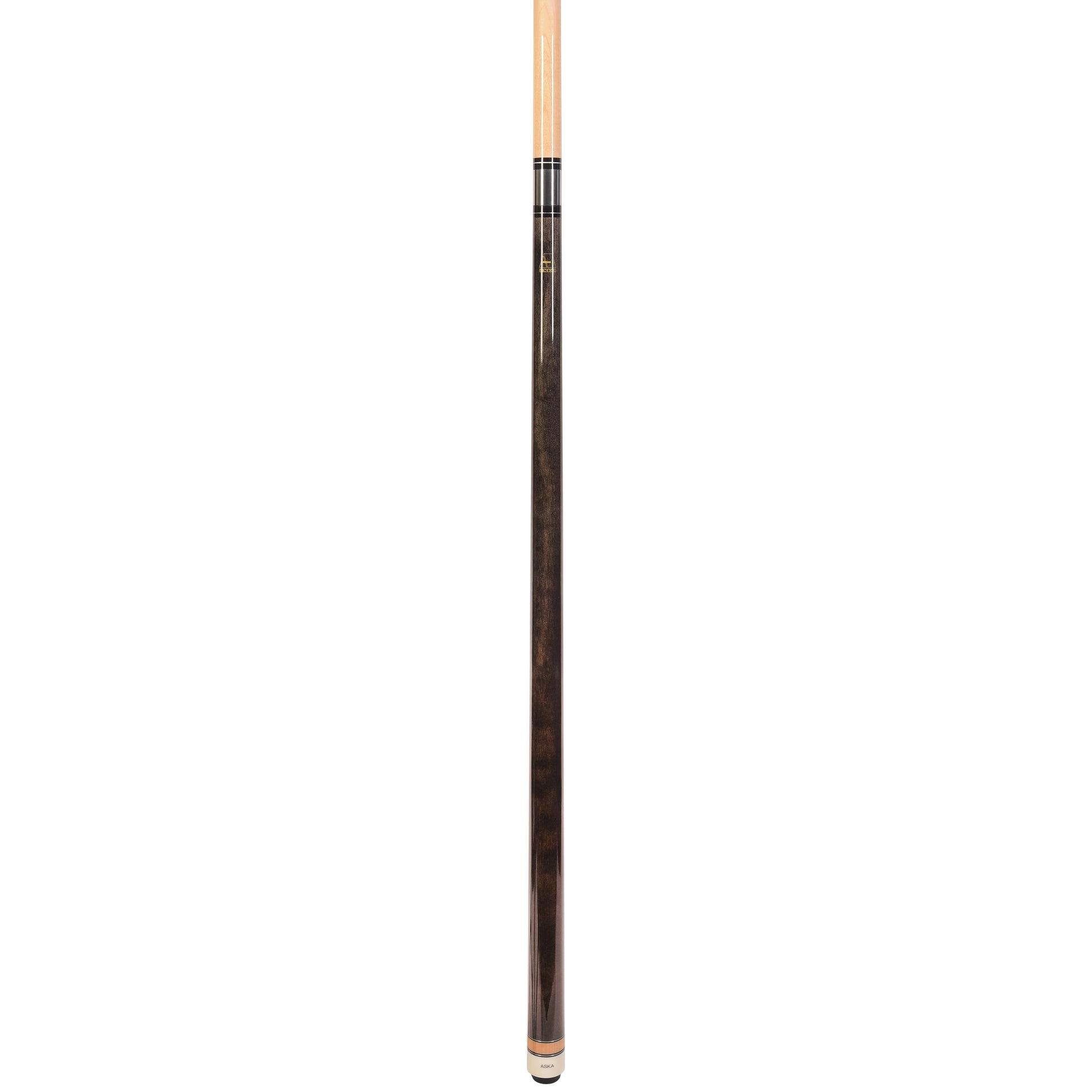 Angled view of the pool cue stick with dark wood finish.