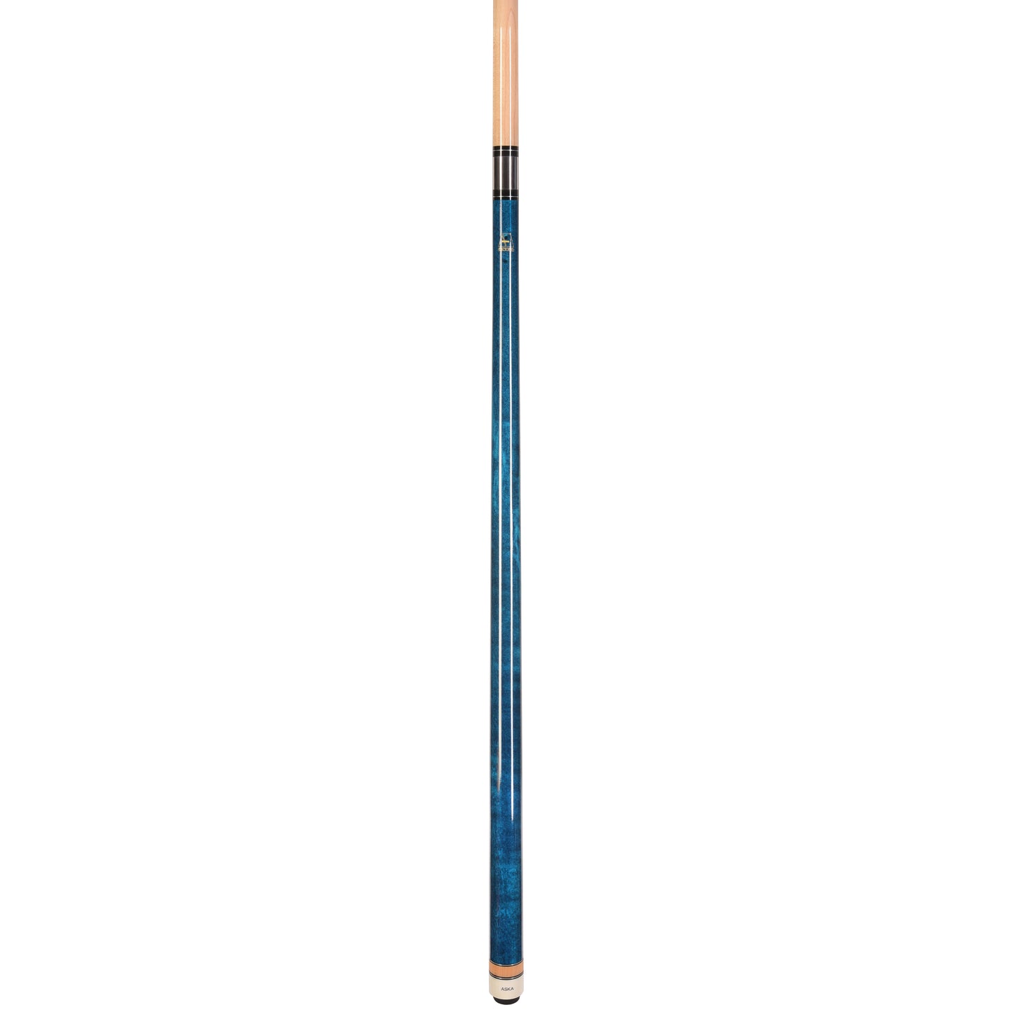 Side profile of the blue pool cue stick with natural wood accents