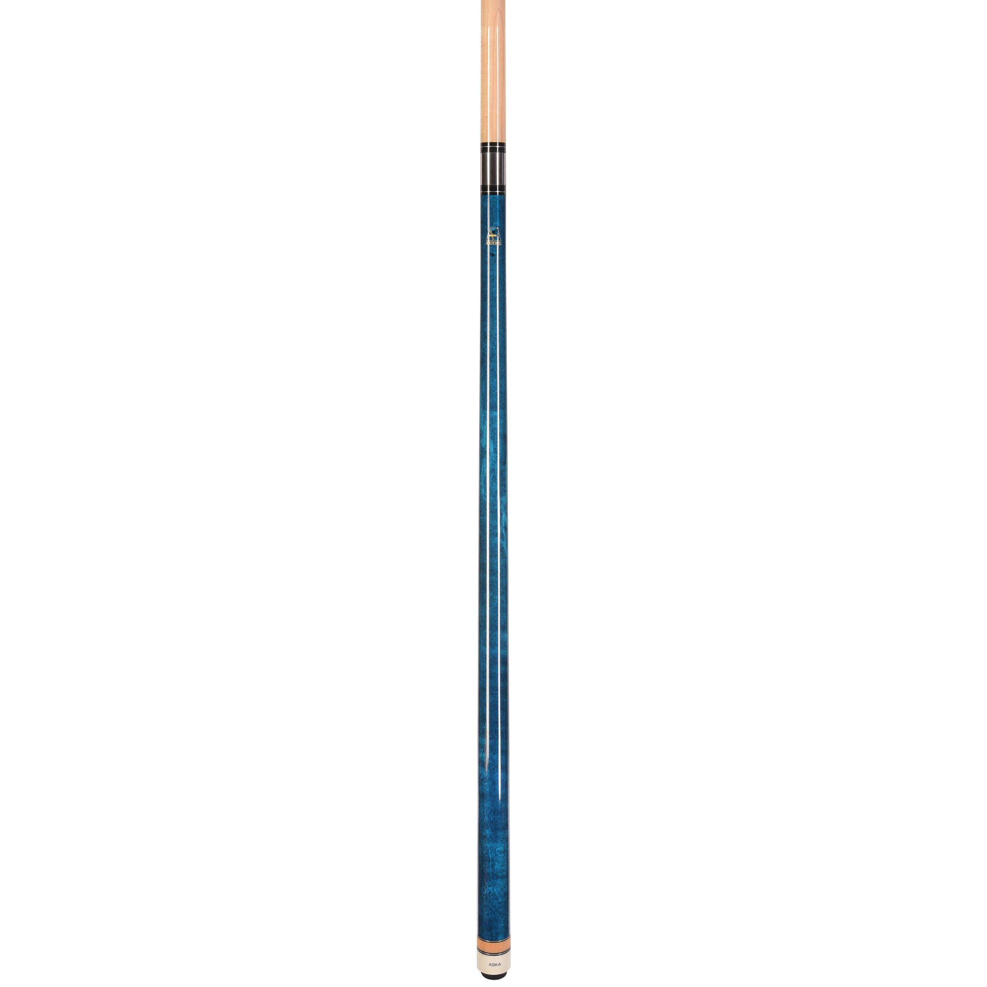 Side profile of the blue pool cue stick with natural wood accents