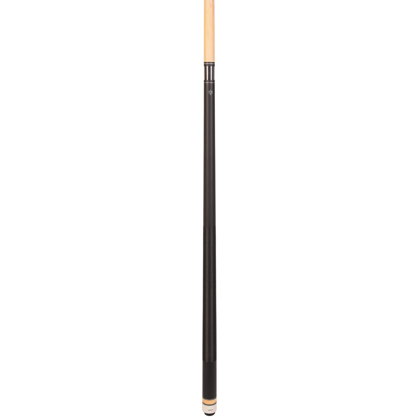 Full view of the assembled matte black pool cue stick.