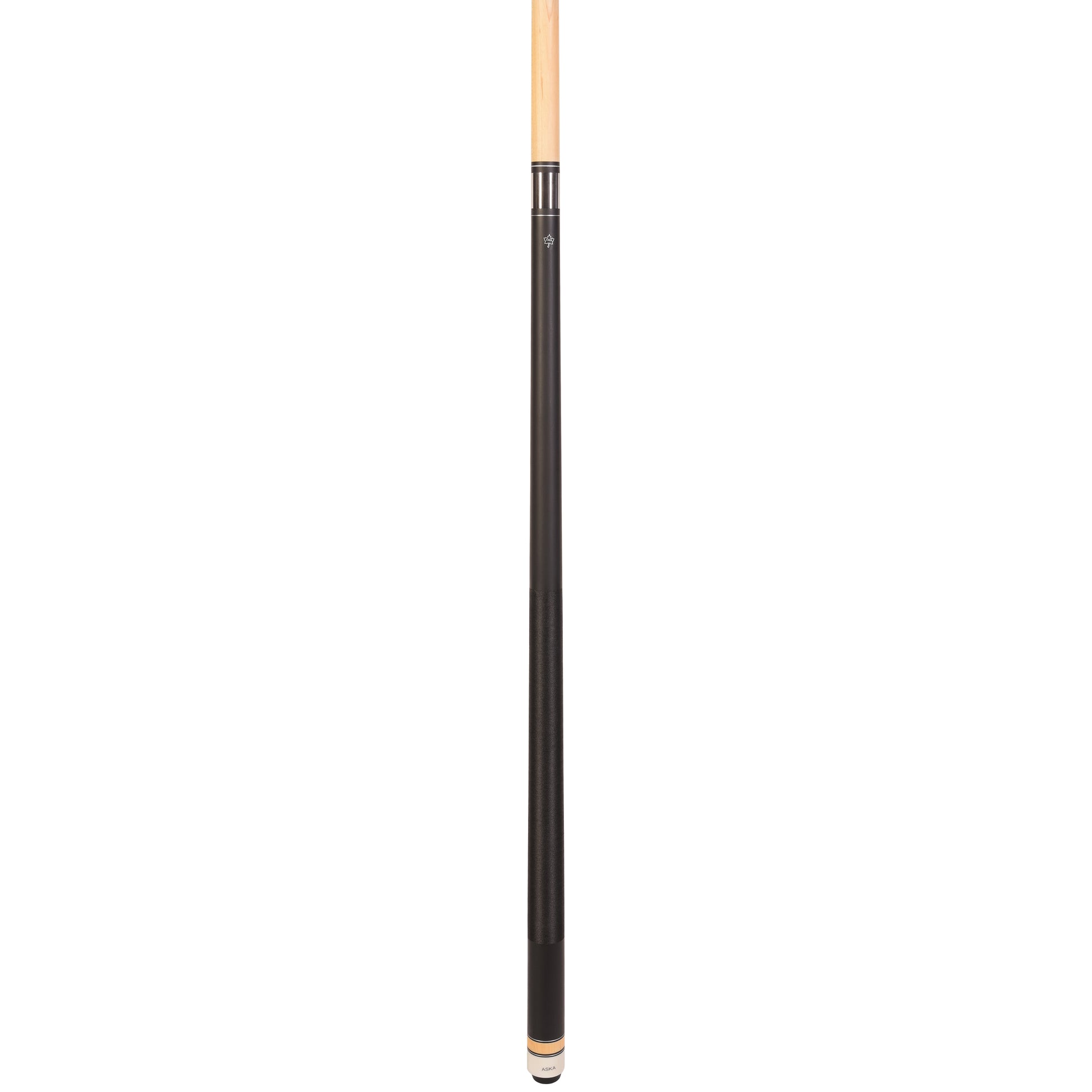 Full view of the assembled matte black pool cue stick.